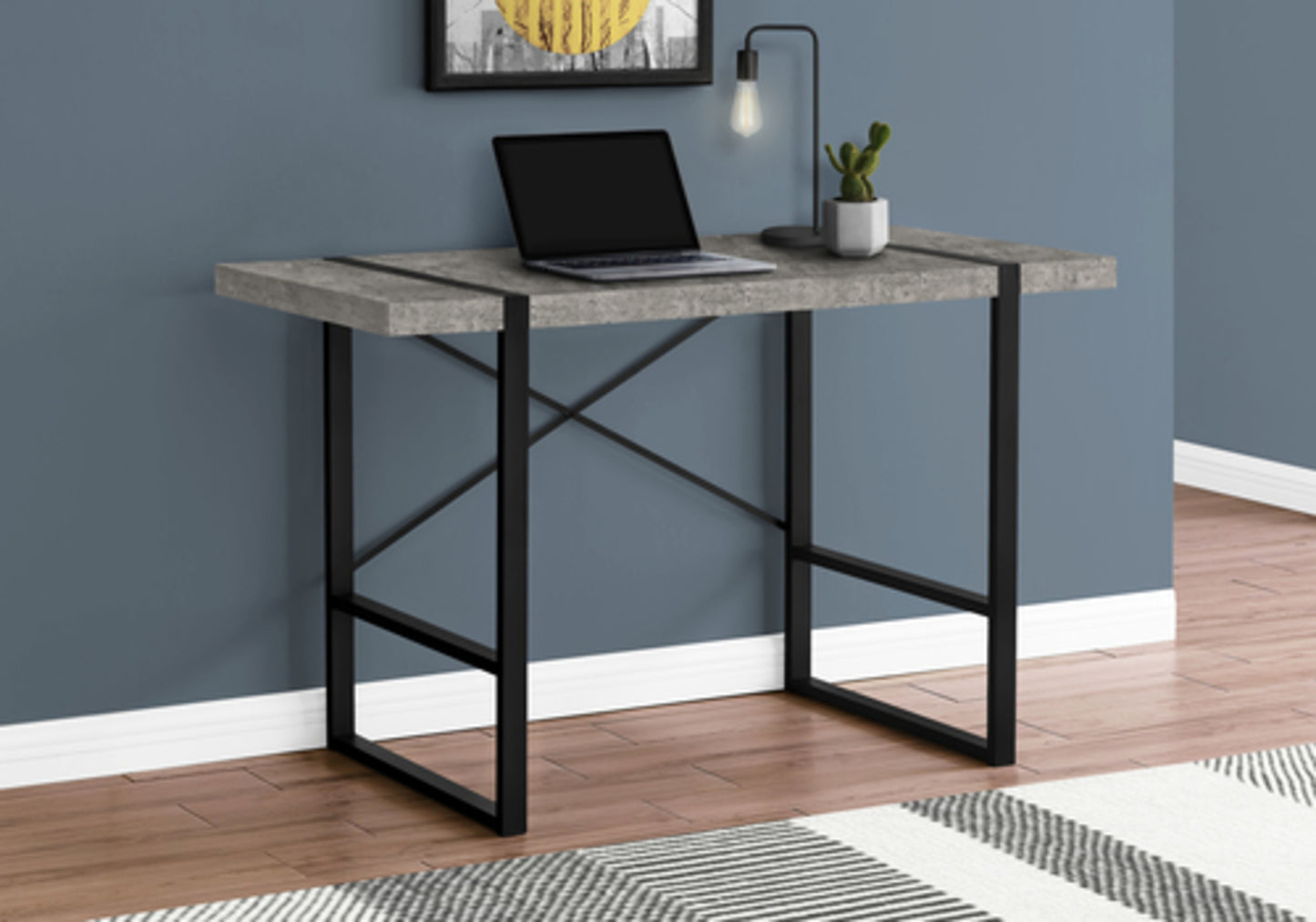 Concretelook top writing desk with black metal frame and crisscross accents
