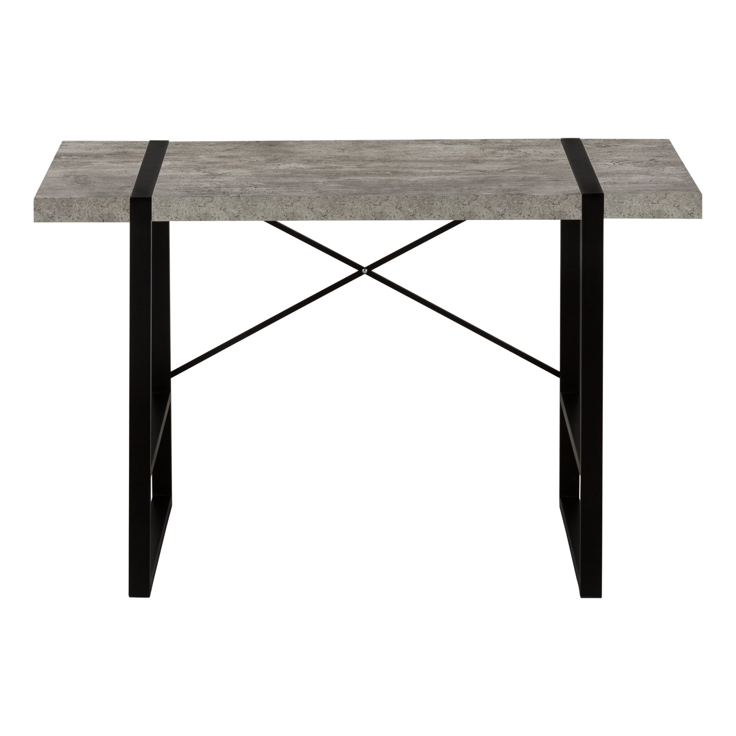 Industrial style grey concrete tabletop desk with black metal legs and stretcher