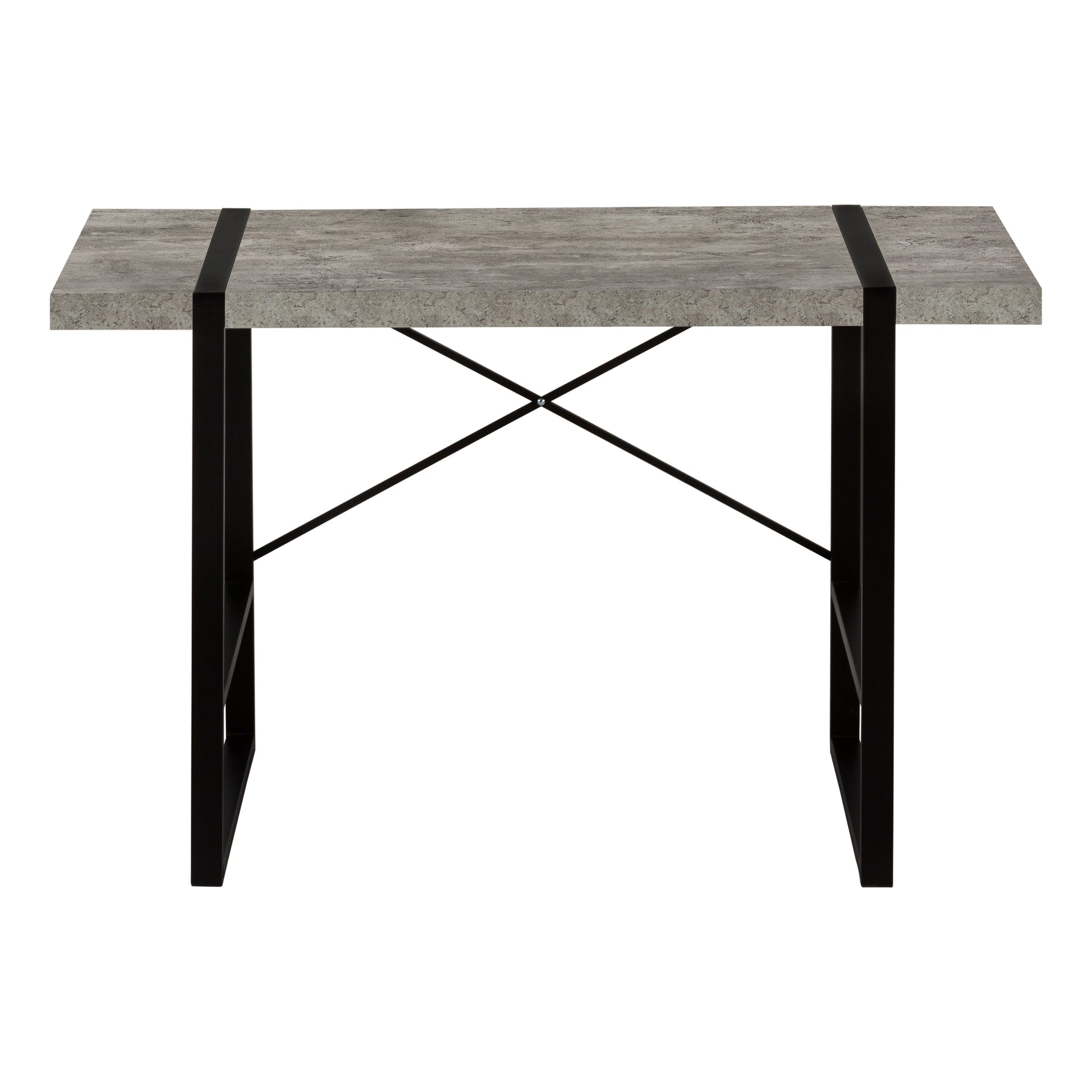 Industrial style grey concrete tabletop desk with black metal legs and stretcher