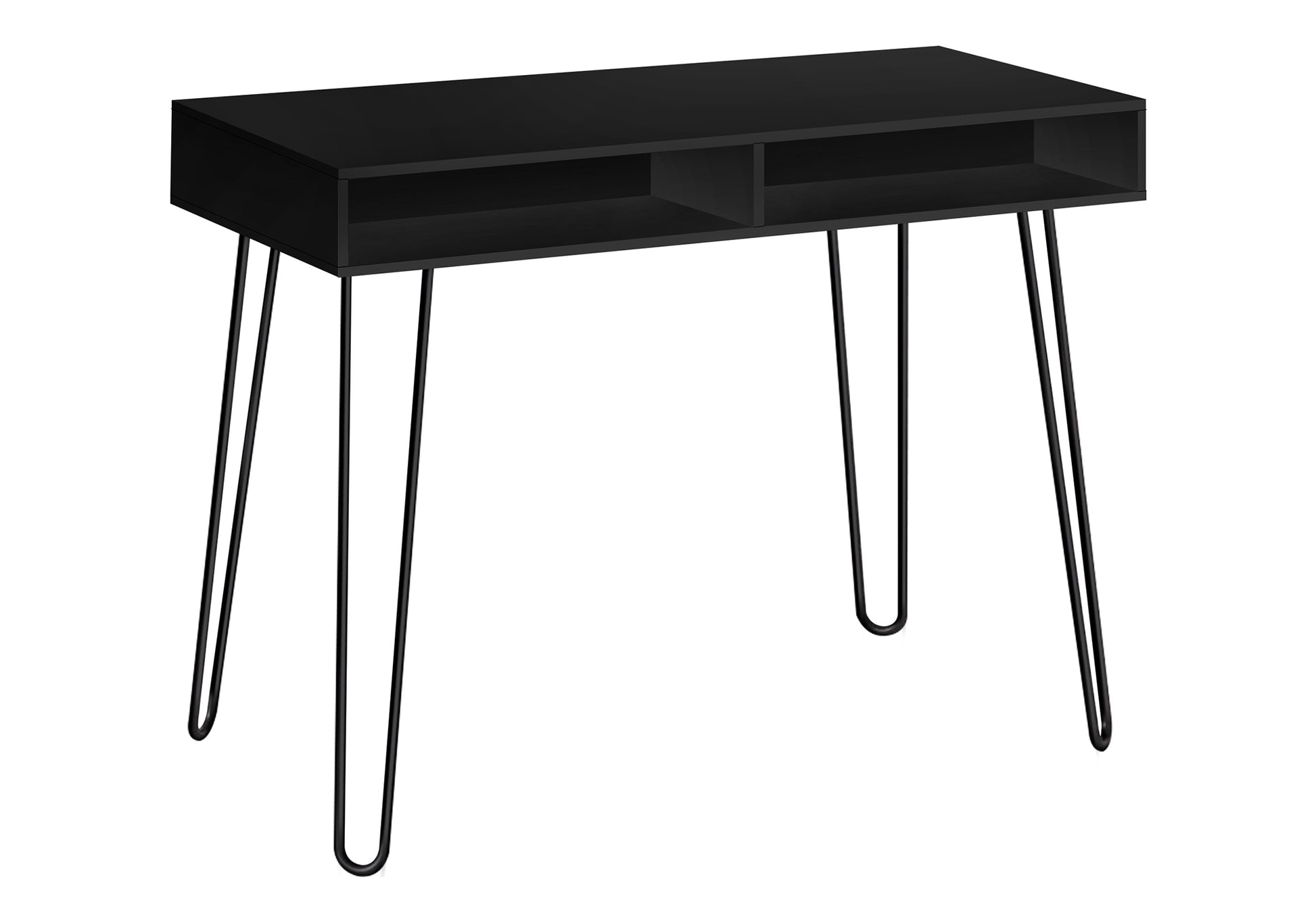 Sleek black console table with minimalist design and two open shelves