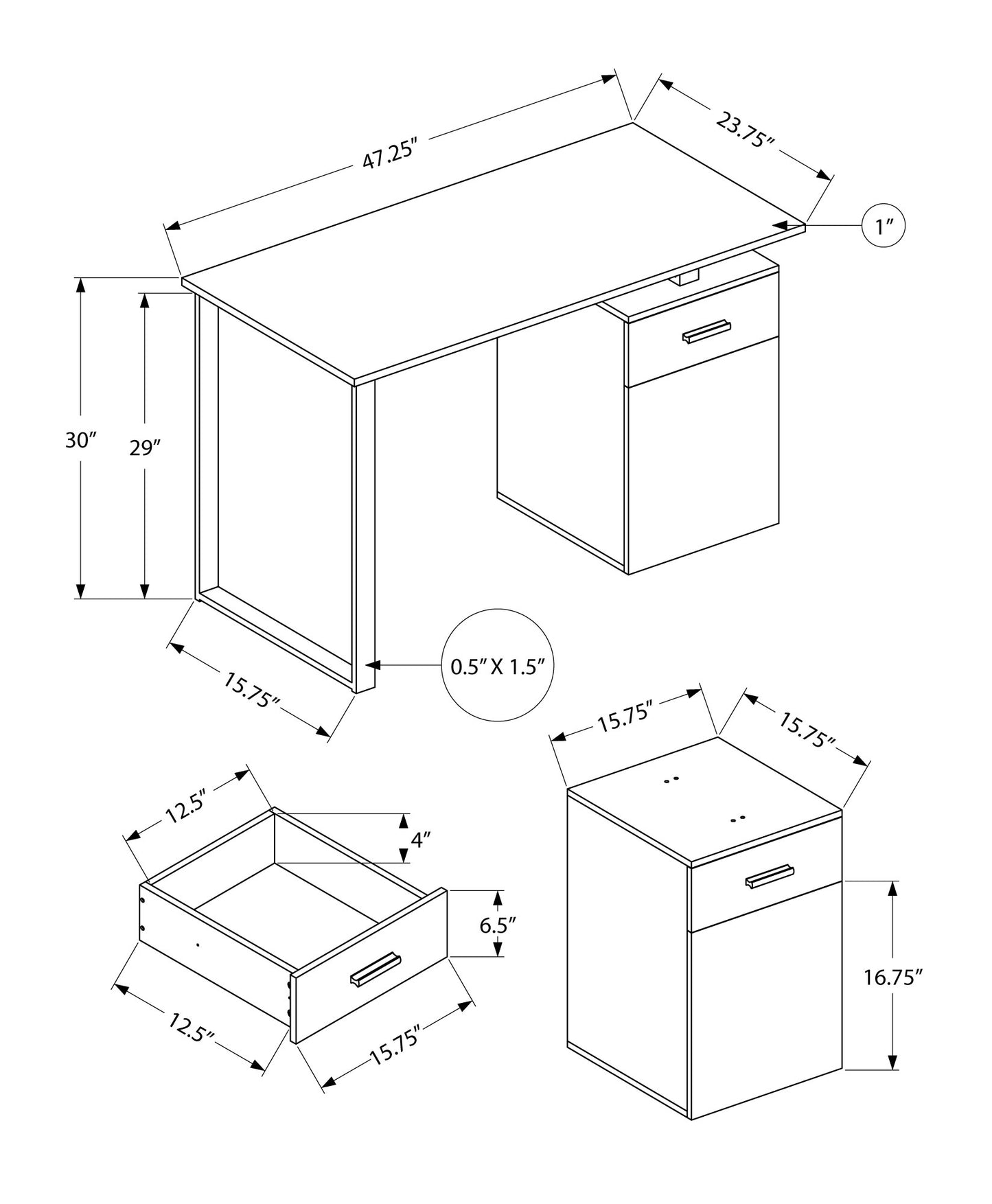 Diagram of a white modern desk with dimensions  x  x