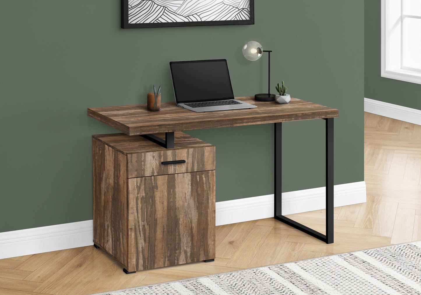 Rustic wood desk with black metal legs and a filing cabinet