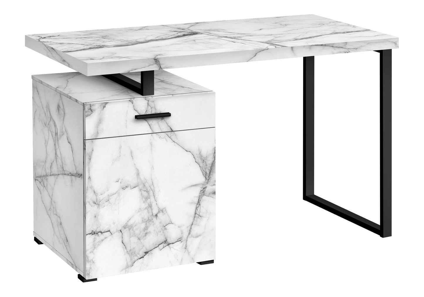 Modern white marble writing desk with black metal legs and drawer