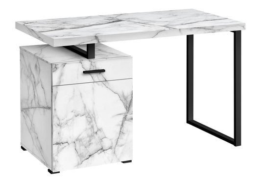 Modern white marble writing desk with black metal legs and drawer