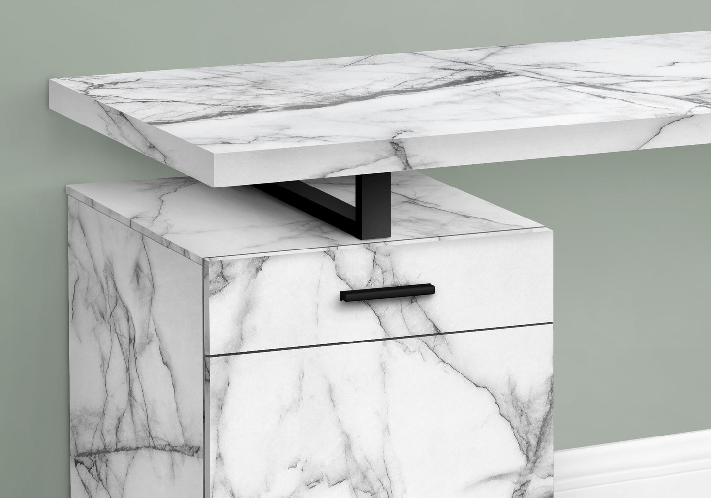 Modern marble effect desk with black metal support and drawer