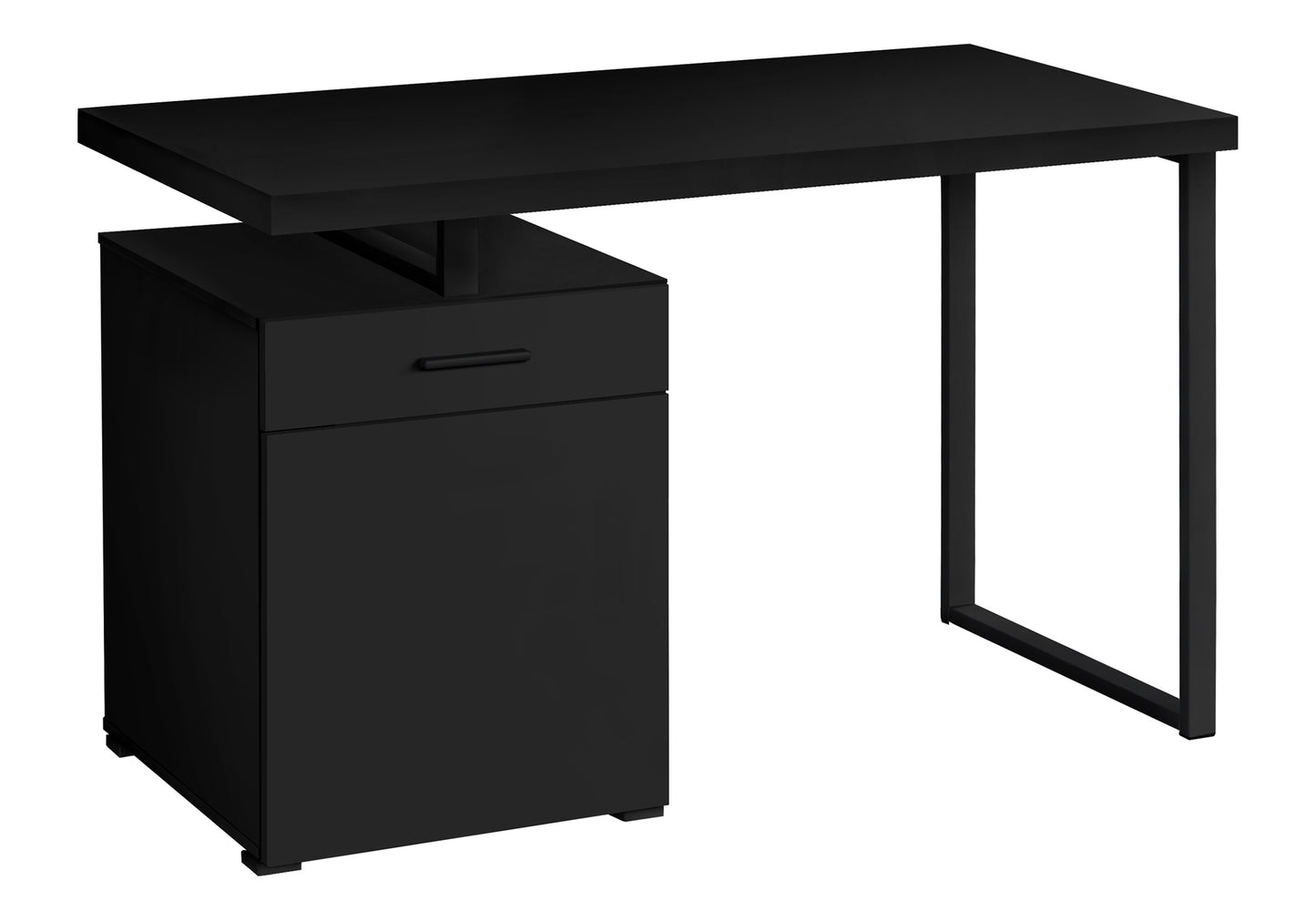 Sleek black minimalist computer desk with integrated filing cabinet and drawer