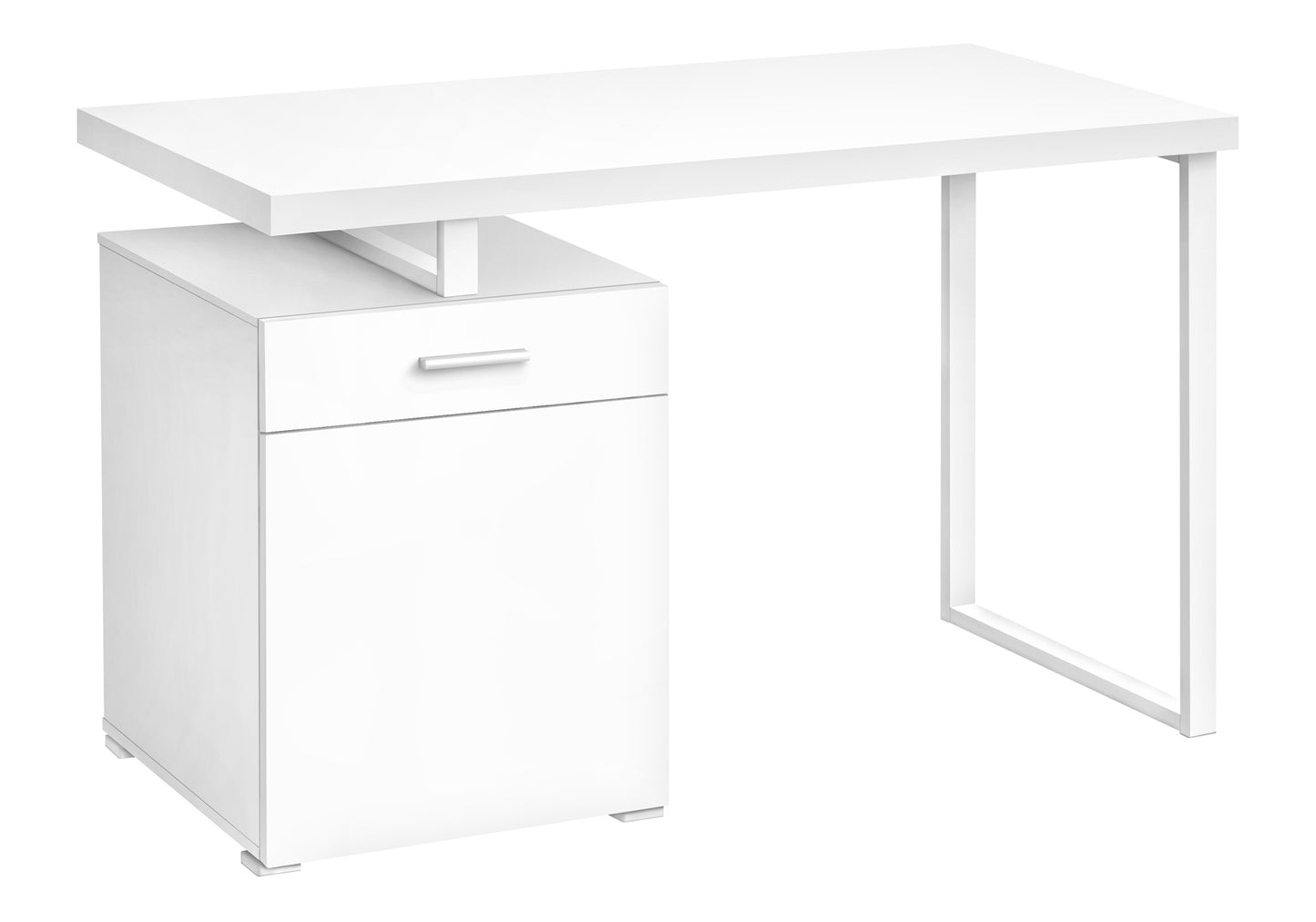 Modern white computer desk with a single drawer and attached storage cabinet