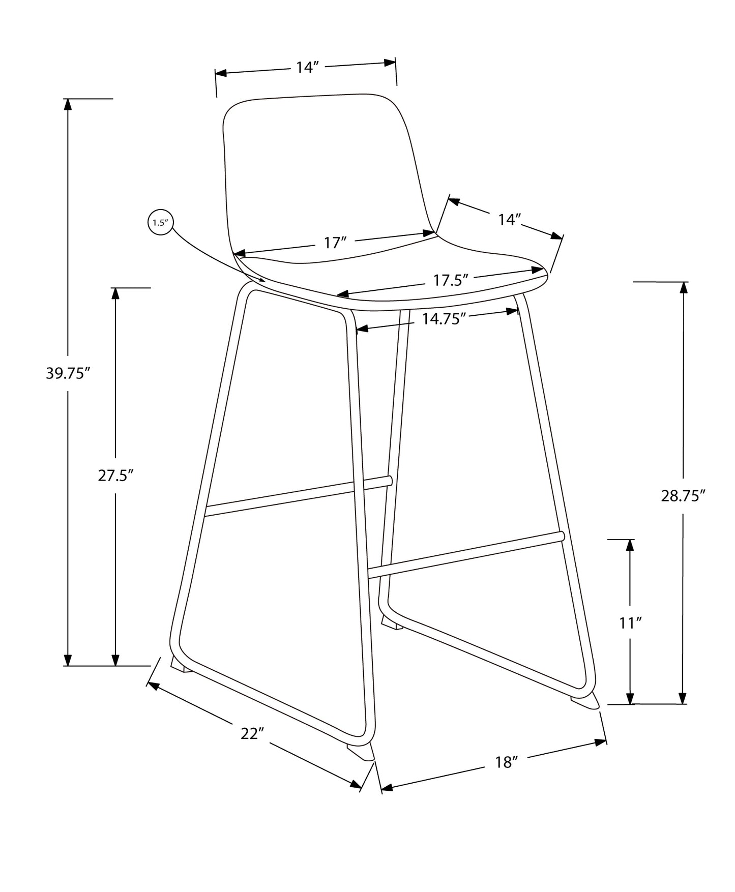 Blueprint of a modern bar stool with dimensions labeled