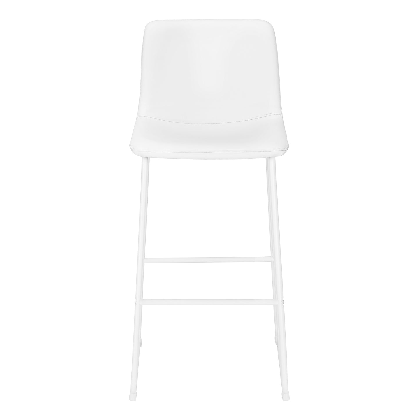 Front view of a white faux leather bar stool with metal legs