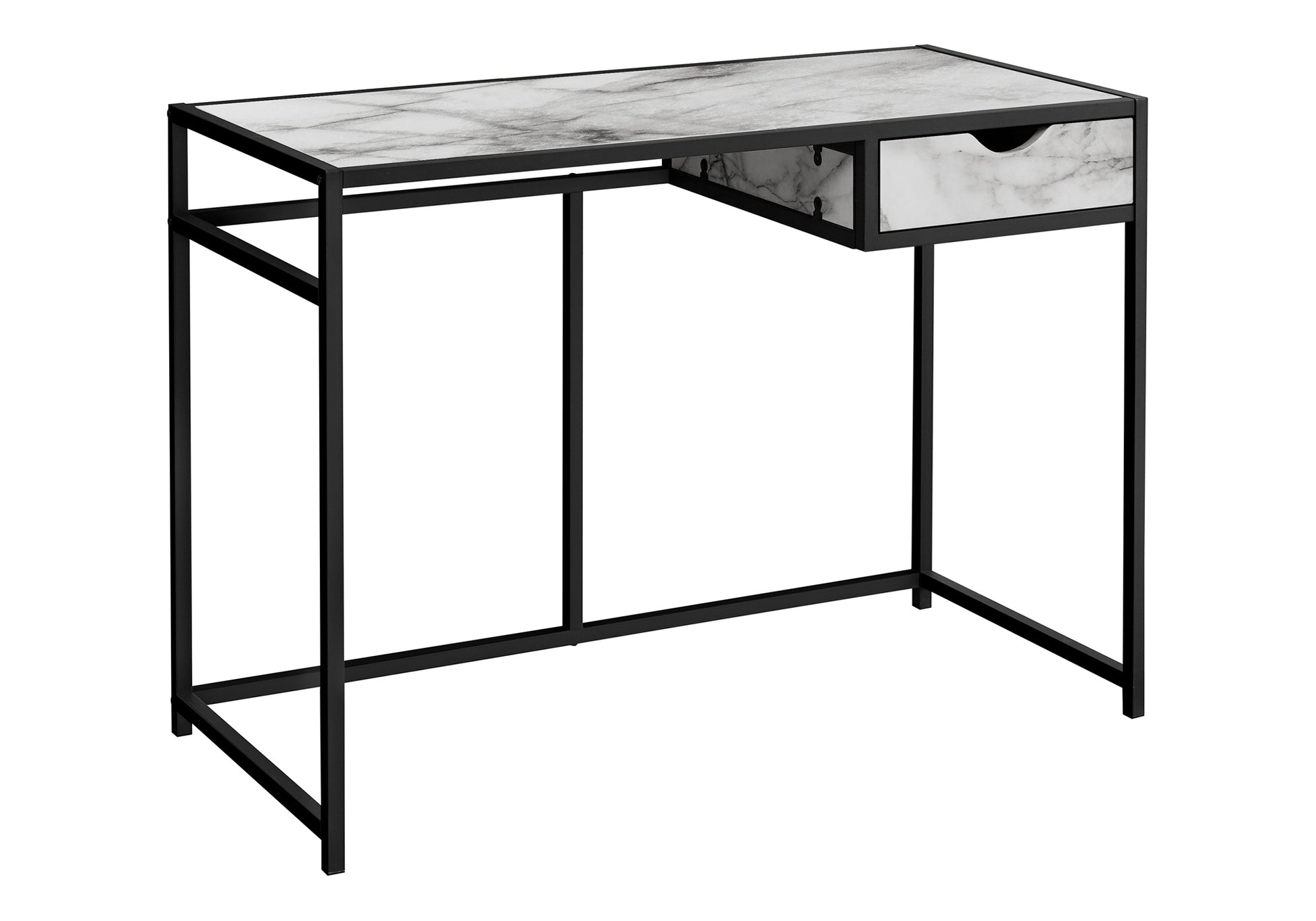 Modern console table with white marble top single drawer and black metal frame