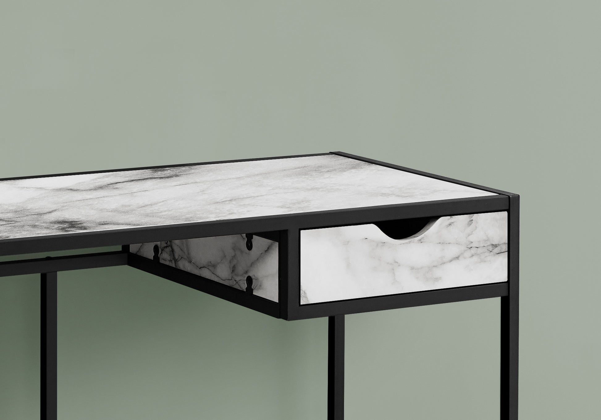 Modern desk with white marble top and black metal frame featuring a single drawer