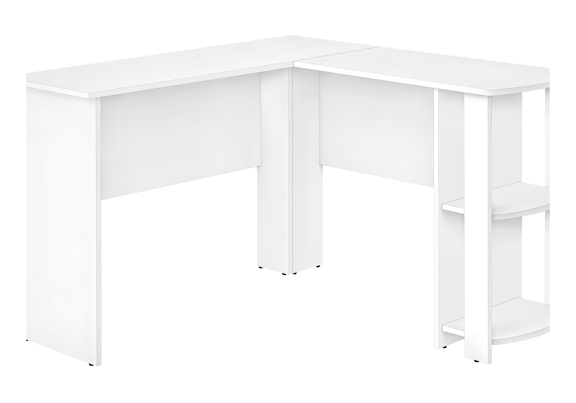 White modern Lshaped desk with open shelving perfect for home office organization