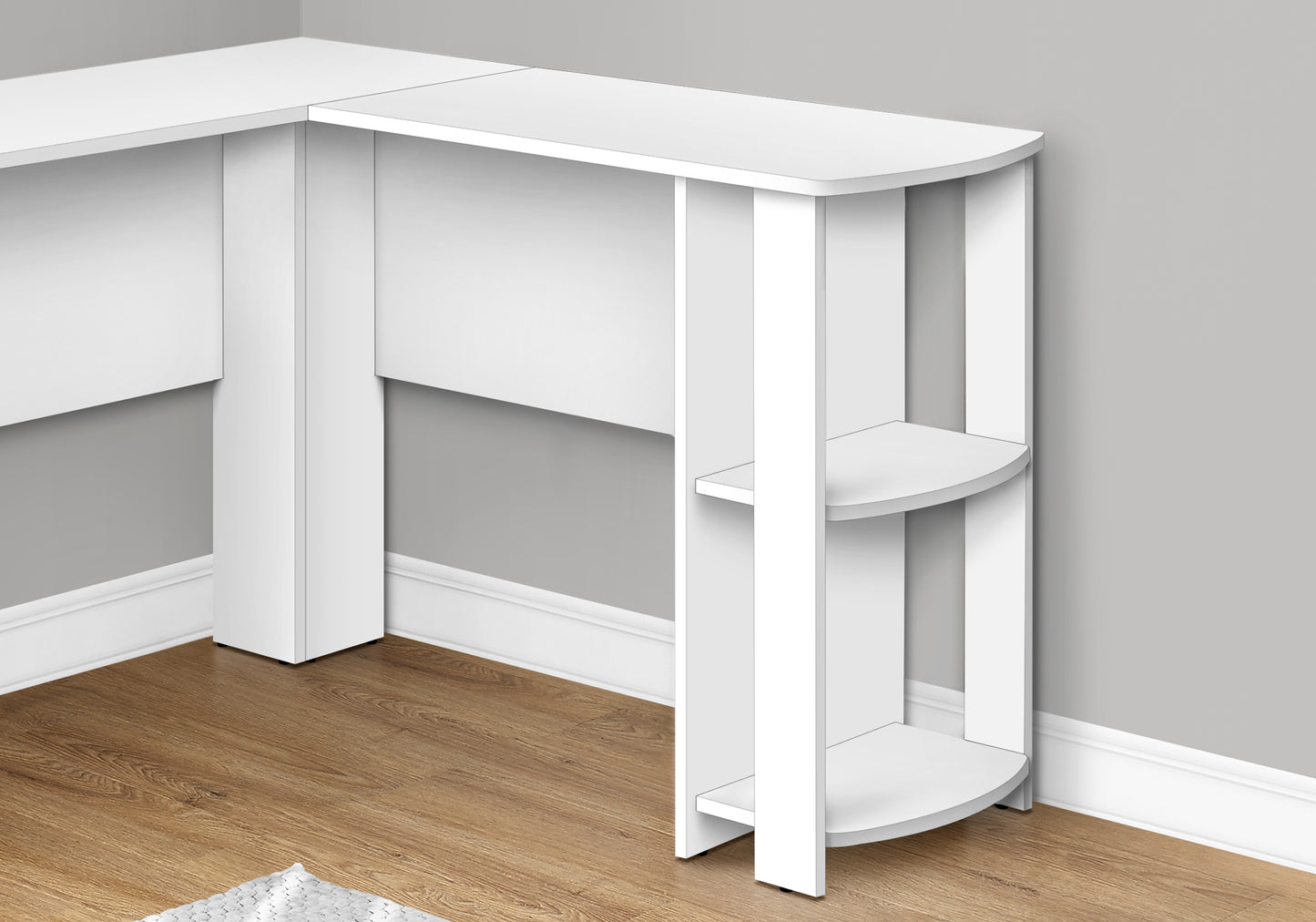 White modern lshaped desk with builtin shelving unit for office space