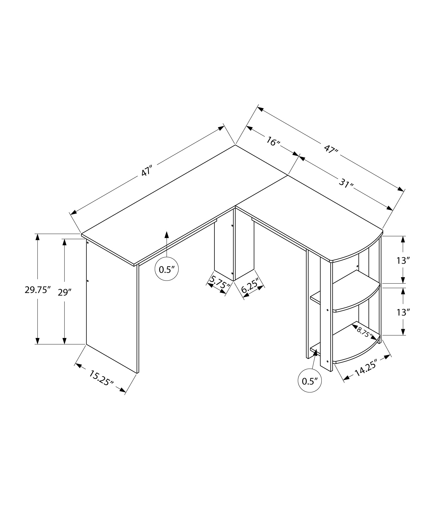 Lshaped desk blueprint with dimensions showing  inch length and  inch height