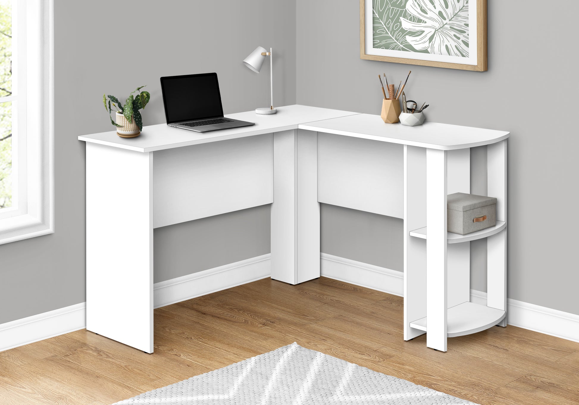 Minimalist white corner desk with integrated shelving perfect for small home offices