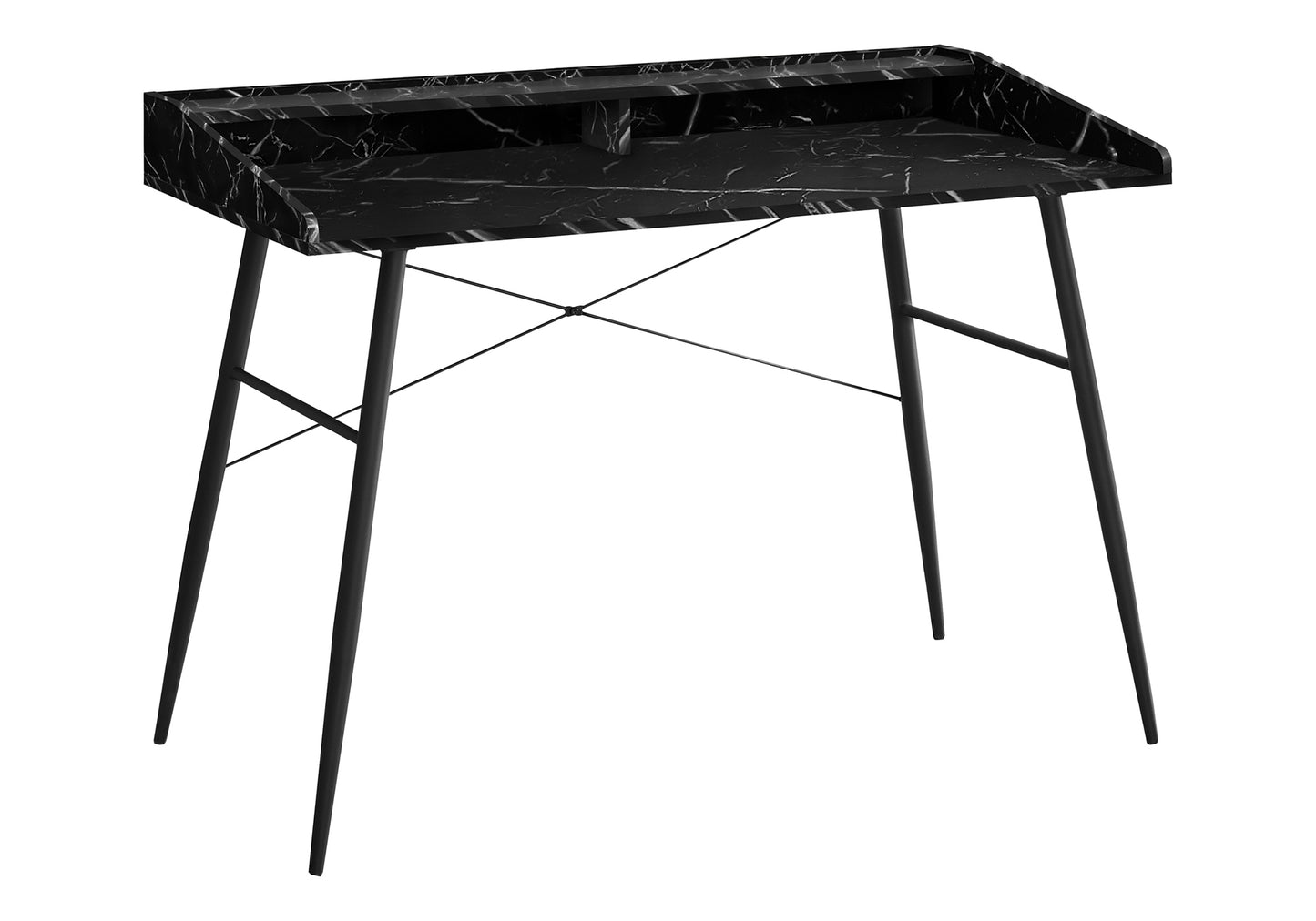 Modern black marble effect desk with thin black metal legs and integrated shelf