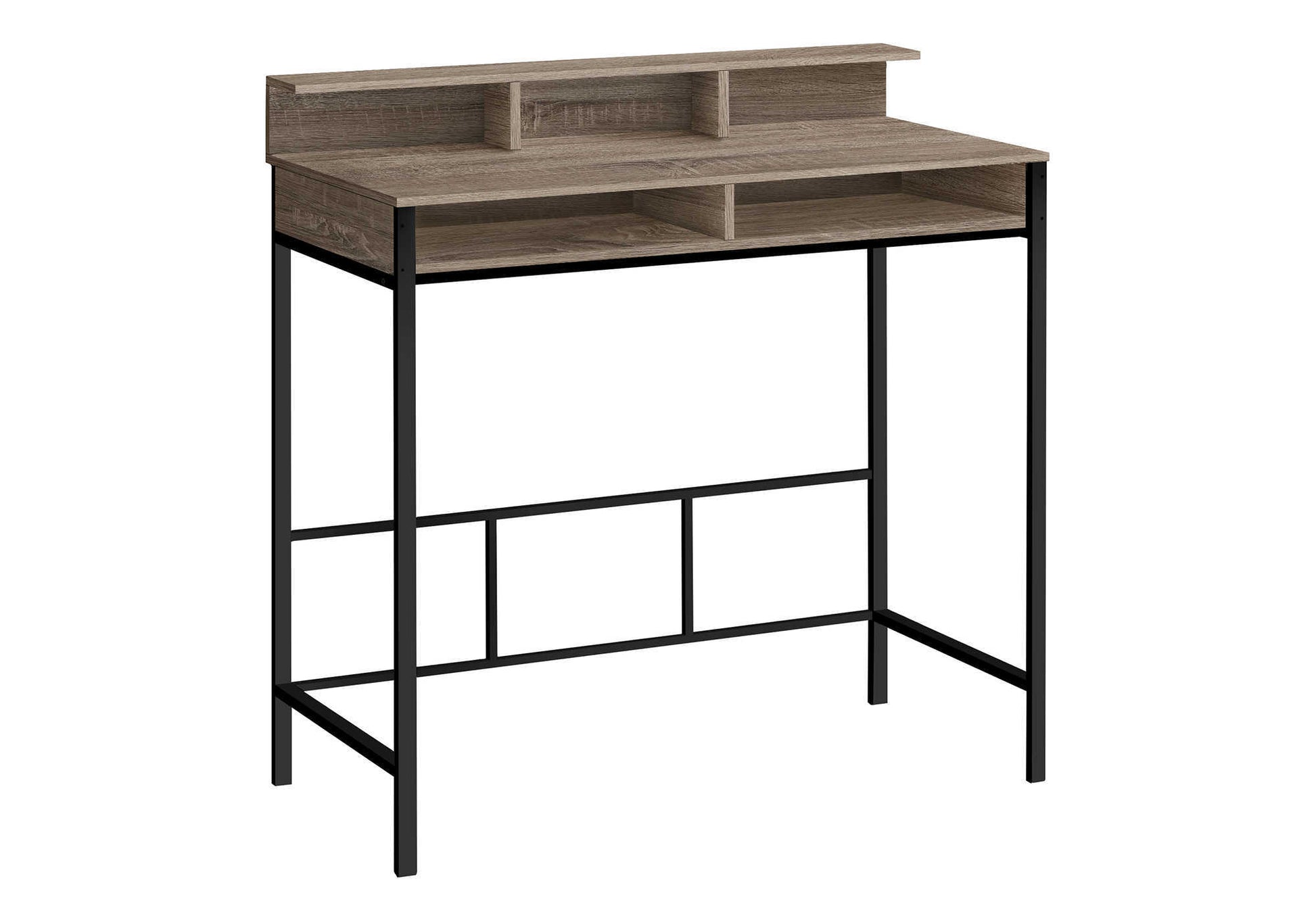 Rustic wood grain desktop with tiered shelves and black metal frame perfect for a compact workstation