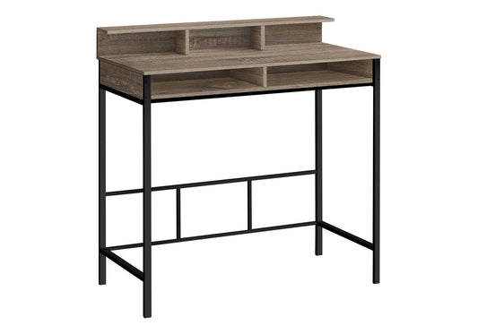 Rustic wood grain desktop with tiered shelves and black metal frame perfect for a compact workstation