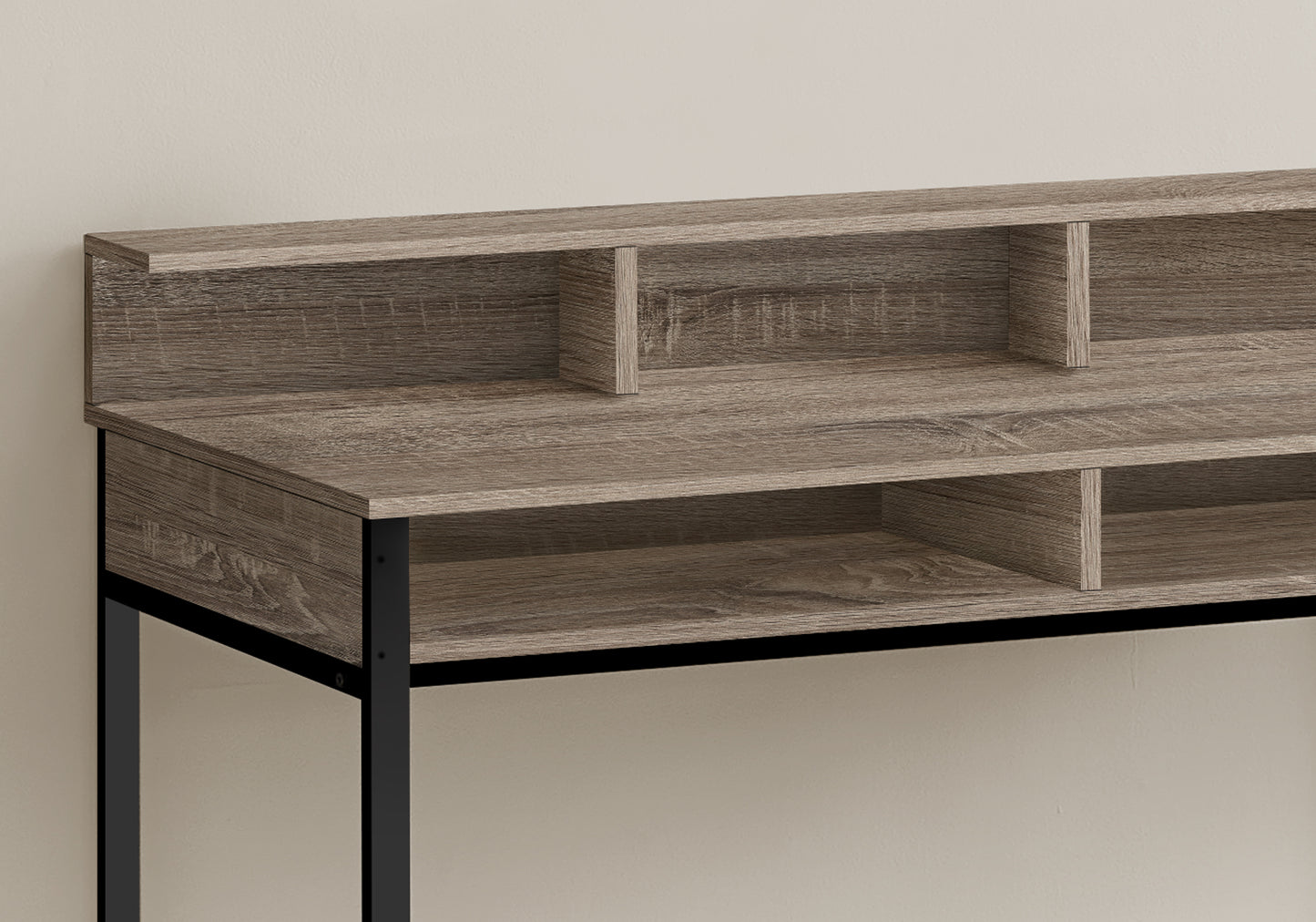 Rustic wood grain desk with multiple open shelves for storage and organization