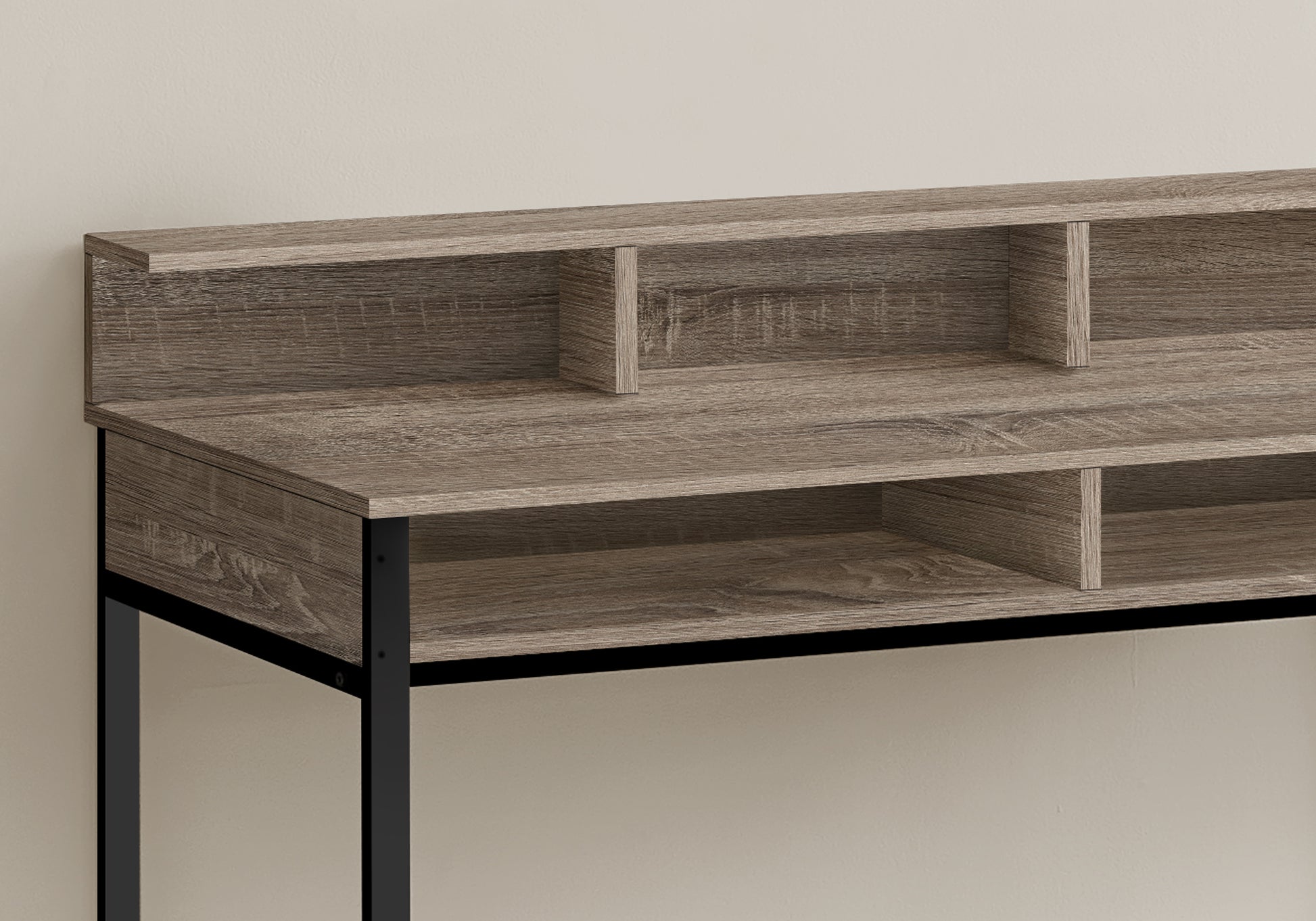 Rustic wood grain desk with multiple open shelves for storage and organization