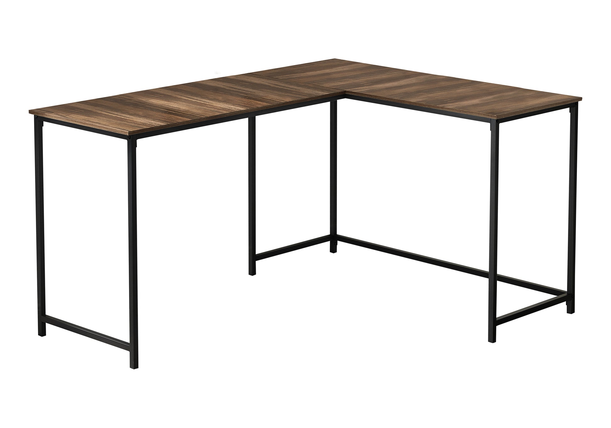 Wooden corner desk with black metal frame perfect for home office setup