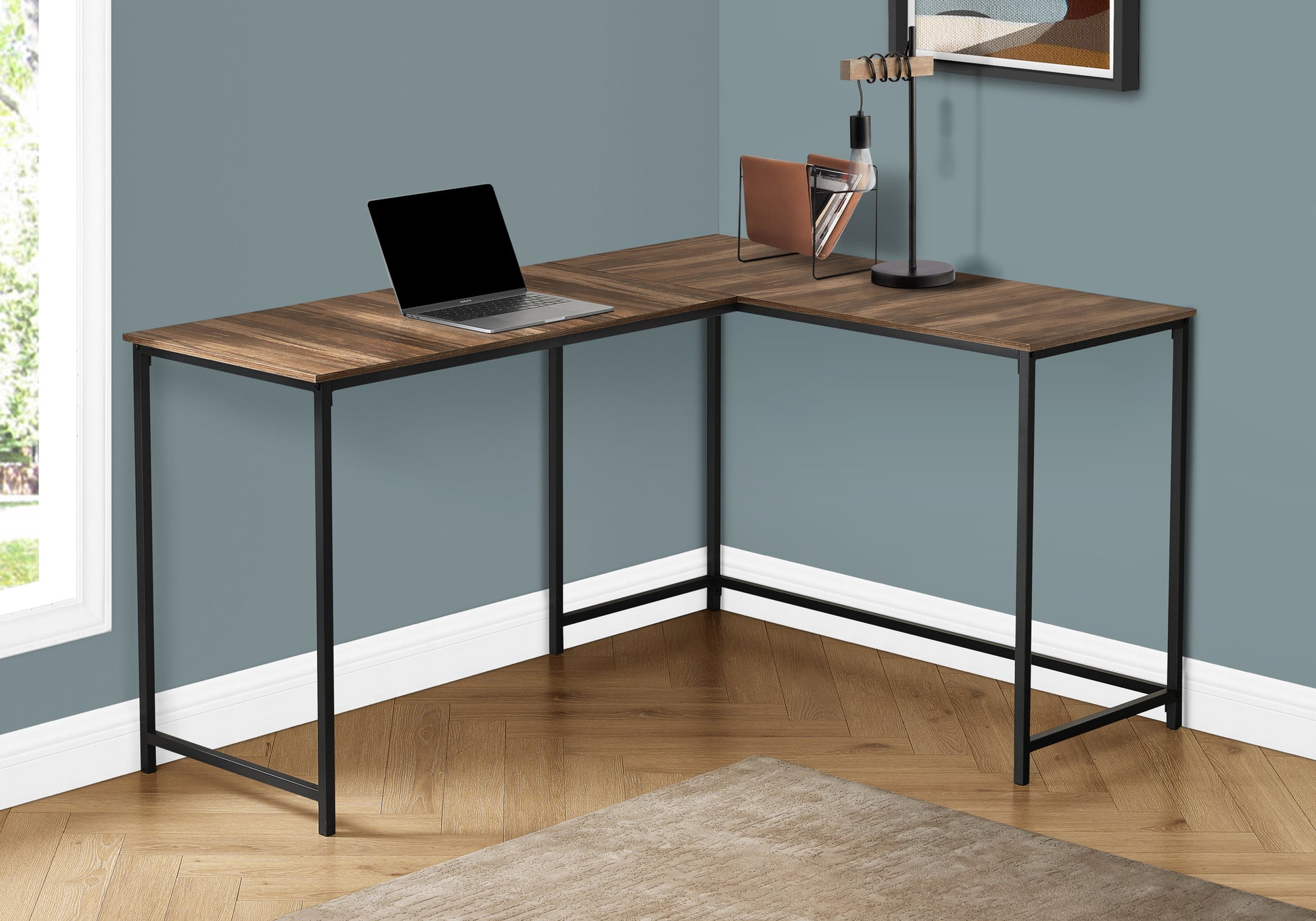 Lshaped modern computer desk with rustic wood grain top and black metal frame