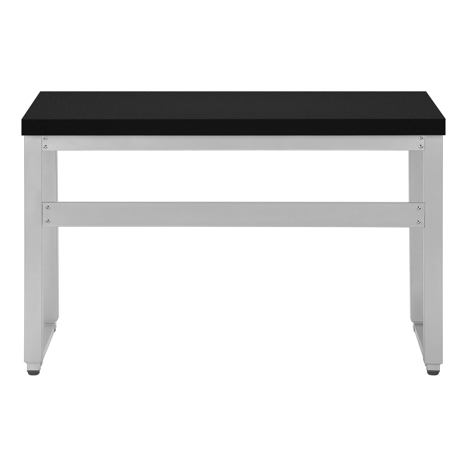 Minimalist black top desk with silver metal frame legs and support bar
