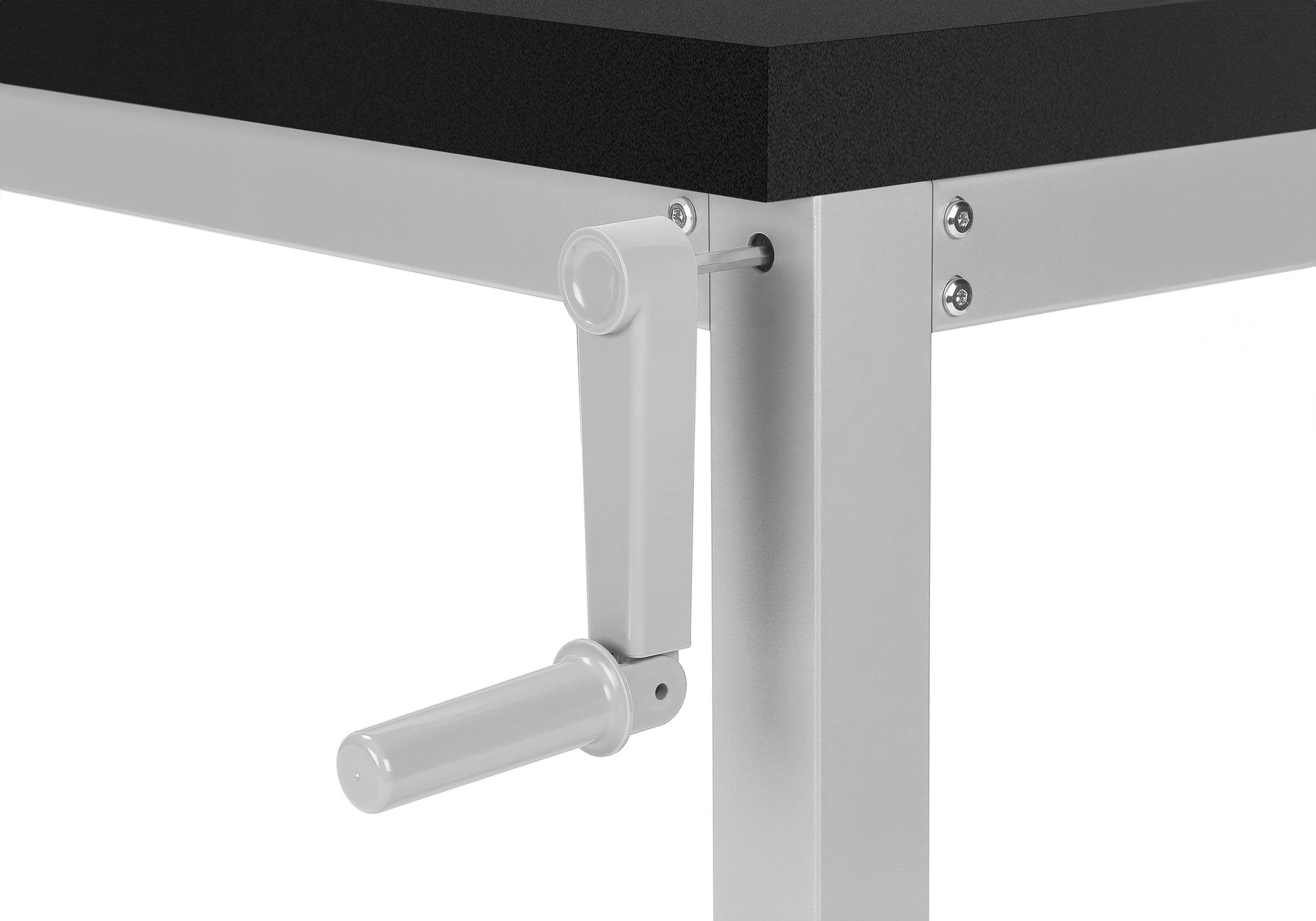 Black textured desktop with silver metal frame and adjustable crank