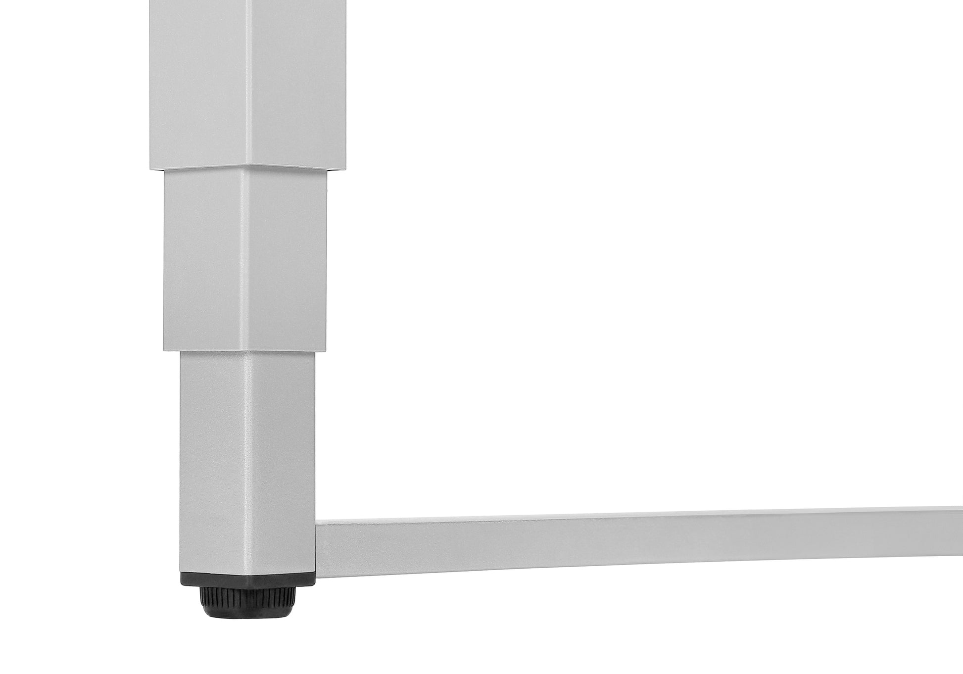 Silver adjustable desk leg detail with black foot protector