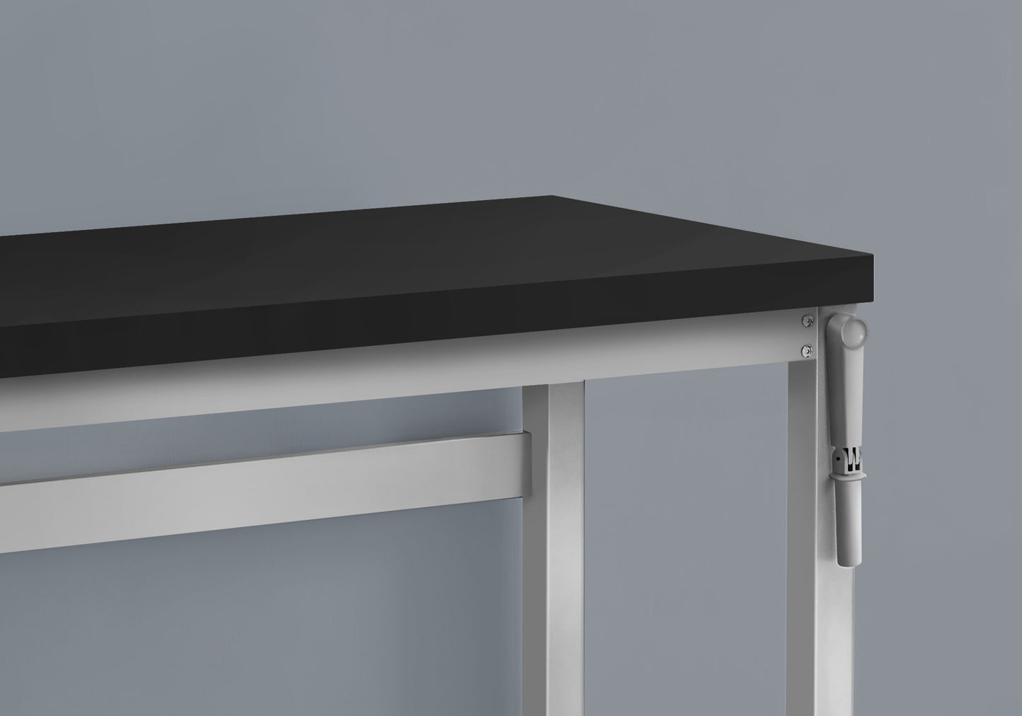 Modern black rectangular desk with silver metal frame and adjustable height mechanism