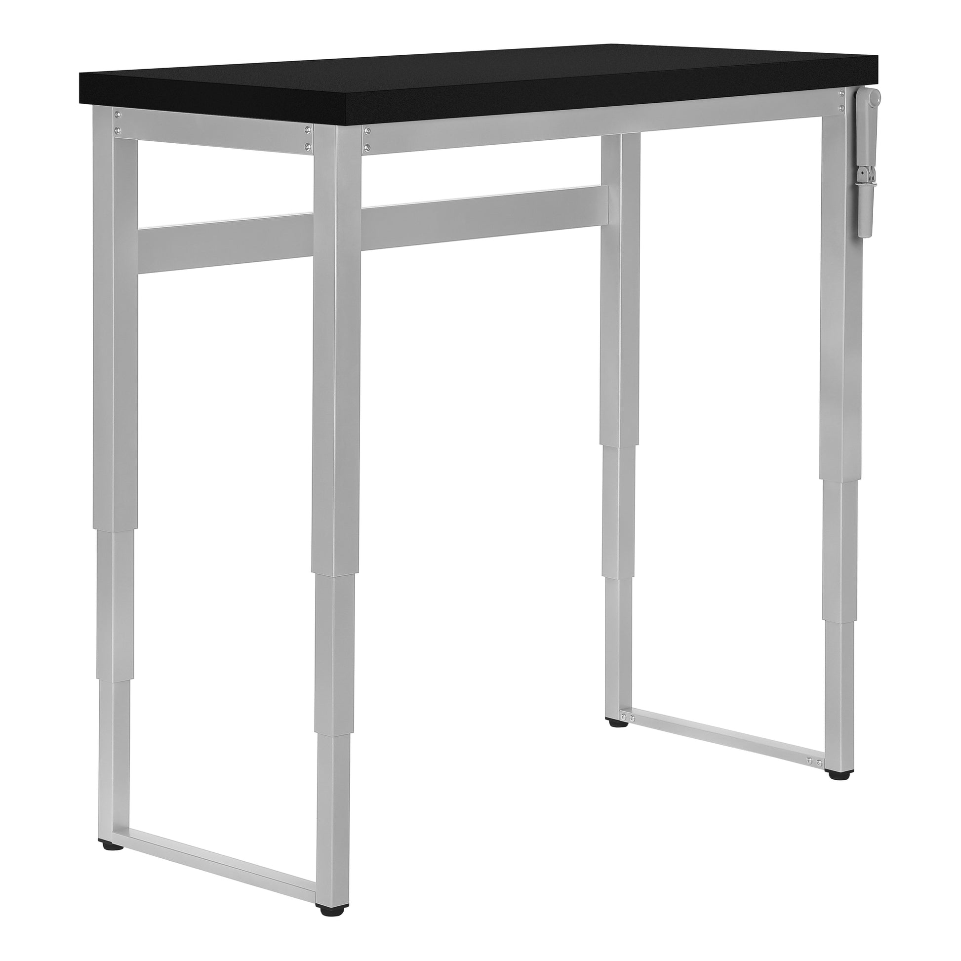 Black top adjustable height desk with silver metal legs perfect for standing workstation