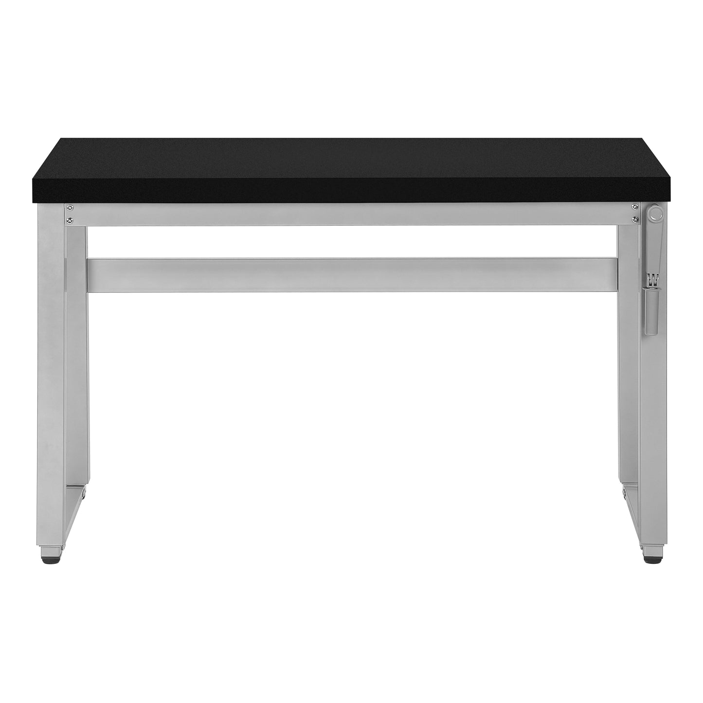 Modern black metal desk with a textured tabletop and silver legs perfect for a home office