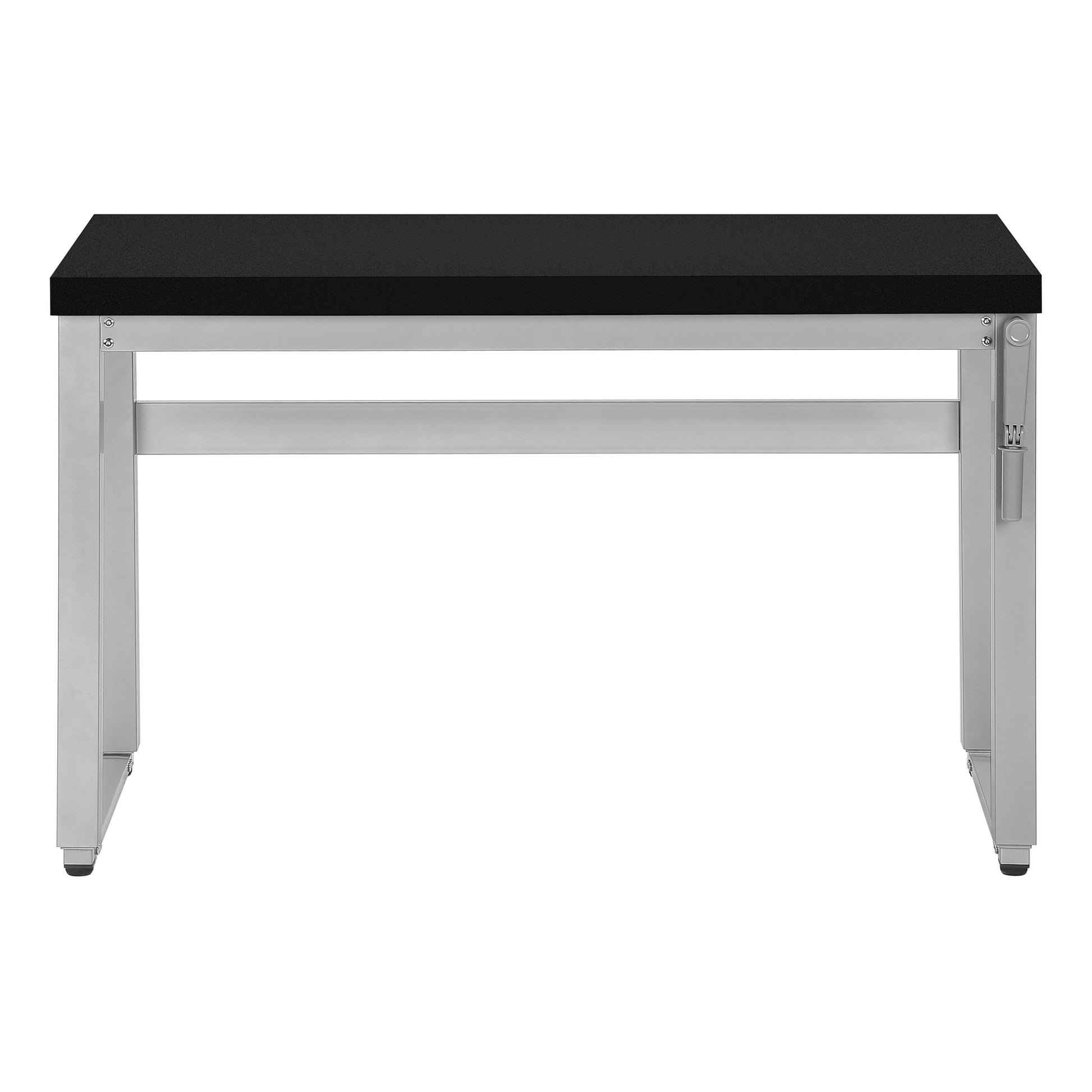 Modern black metal desk with a textured tabletop and silver legs perfect for a home office