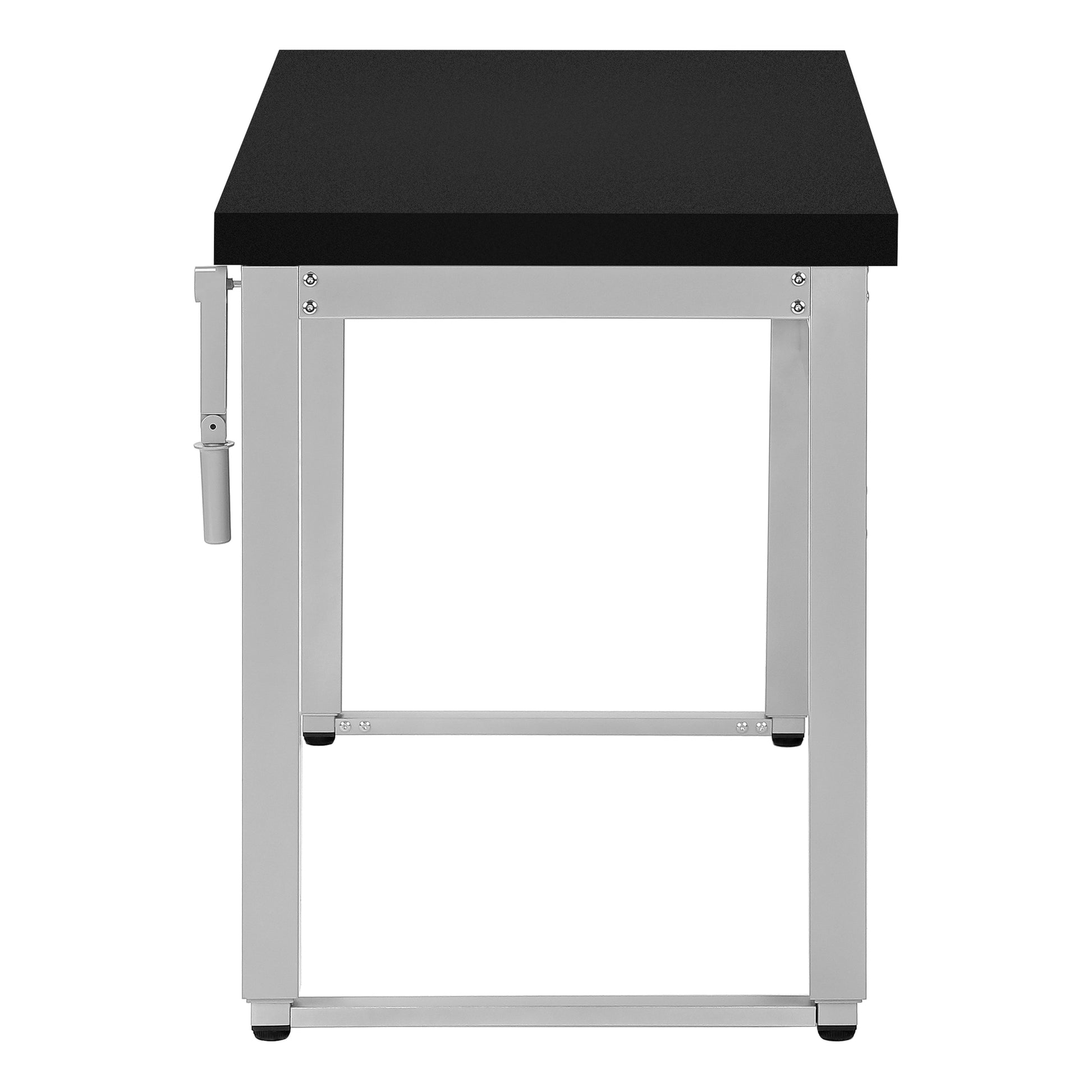 Black butcher block workbench with stainless steel frame and adjustable handle