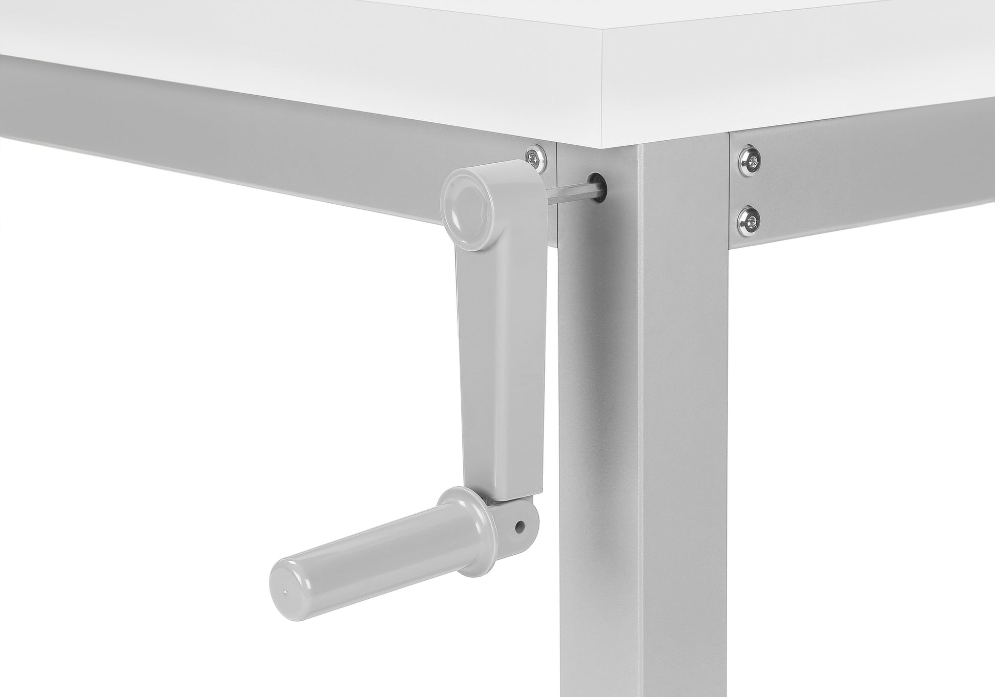 Closeup of adjustable height desk with gray crank mechanism and white tabletop