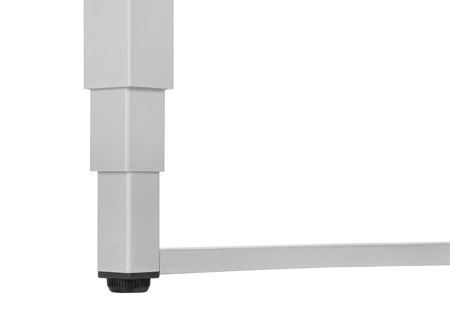 Silver adjustable desk leg with black foot on white background