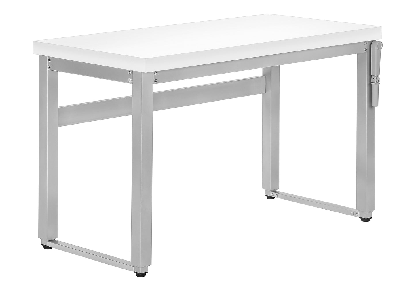 White laminate workbench with durable stainless steel frame and adjustable feet for stability