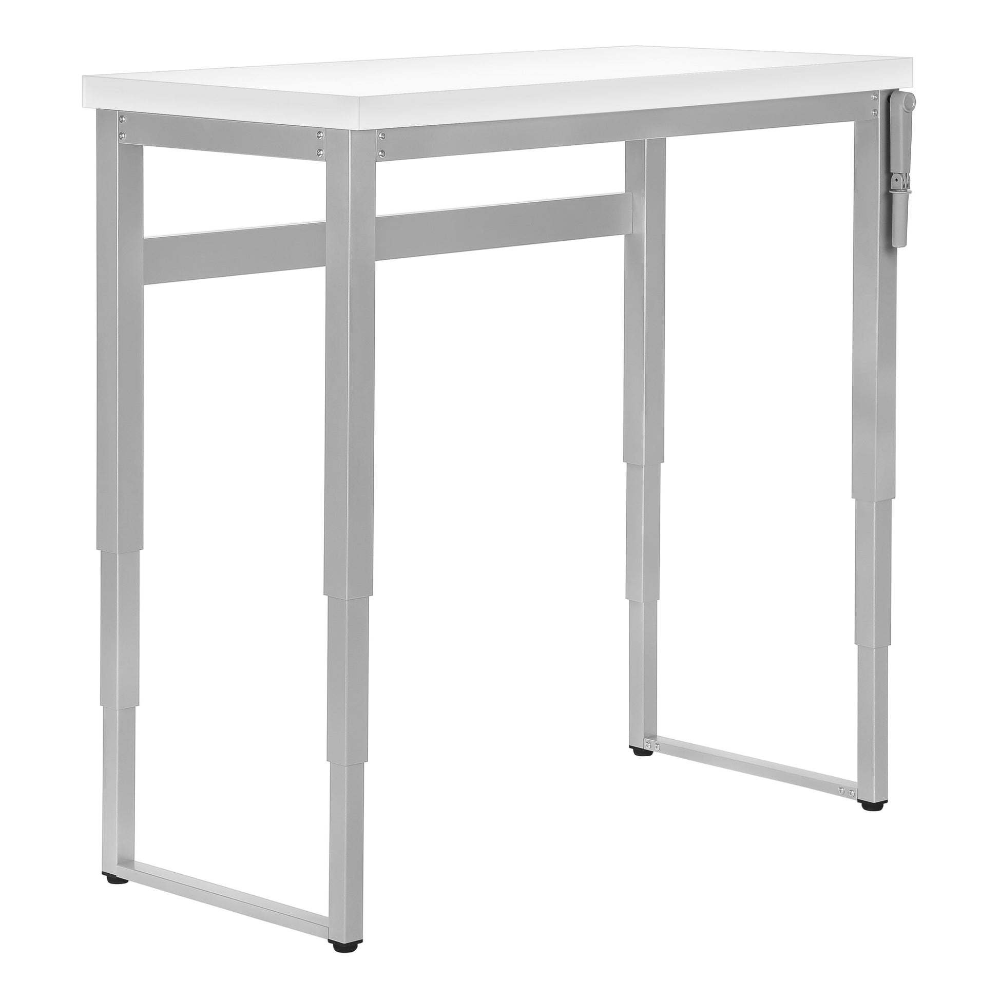 White laminate standing desk with adjustable silver metal legs and a locking mechanism