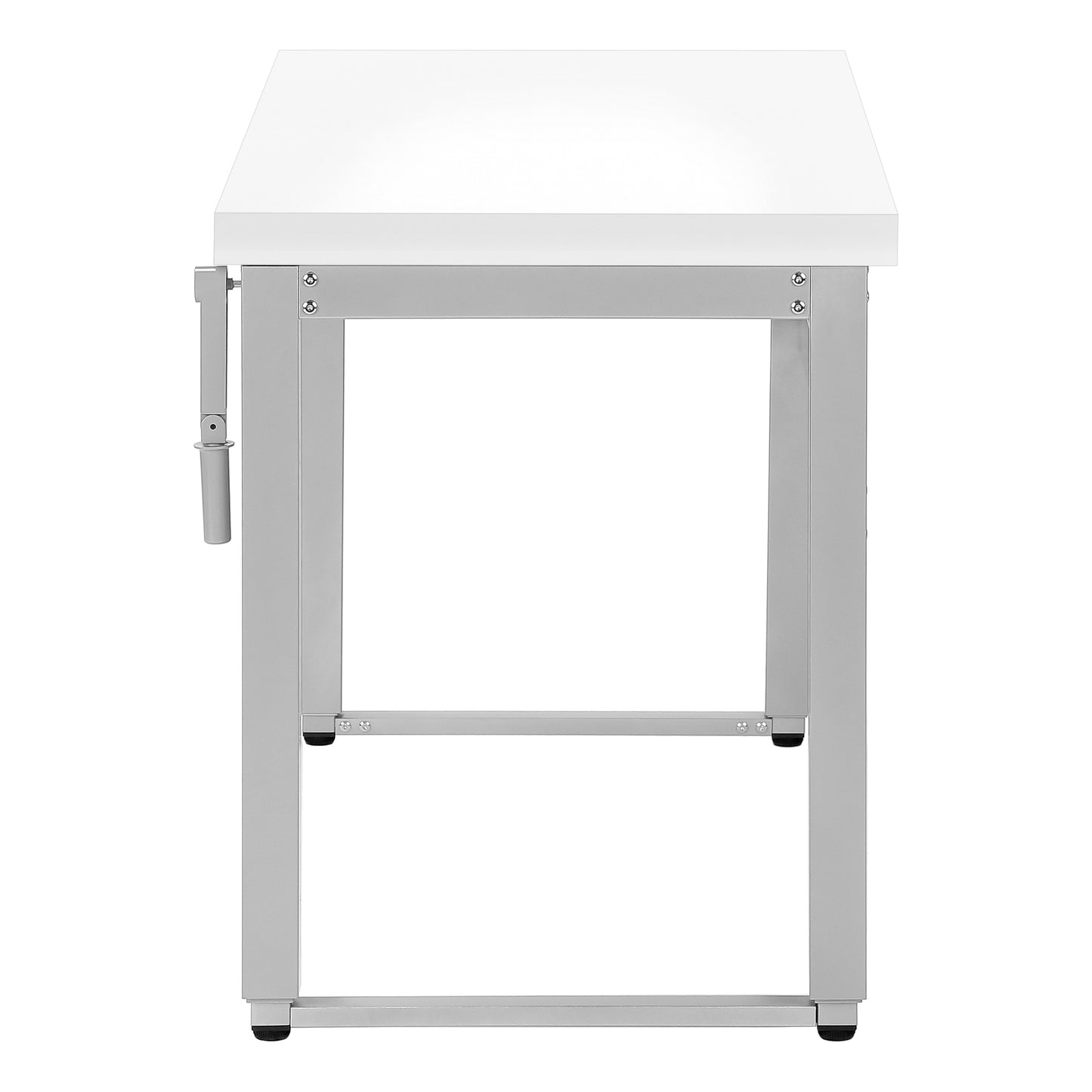 White top stainless steel prep table with a crank mechanism on the left