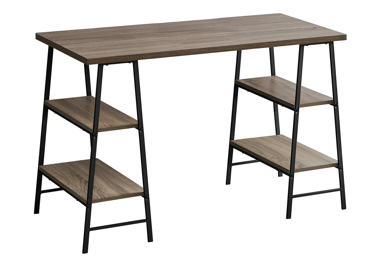 Modern wood desk with open shelving and black metal frame for home office