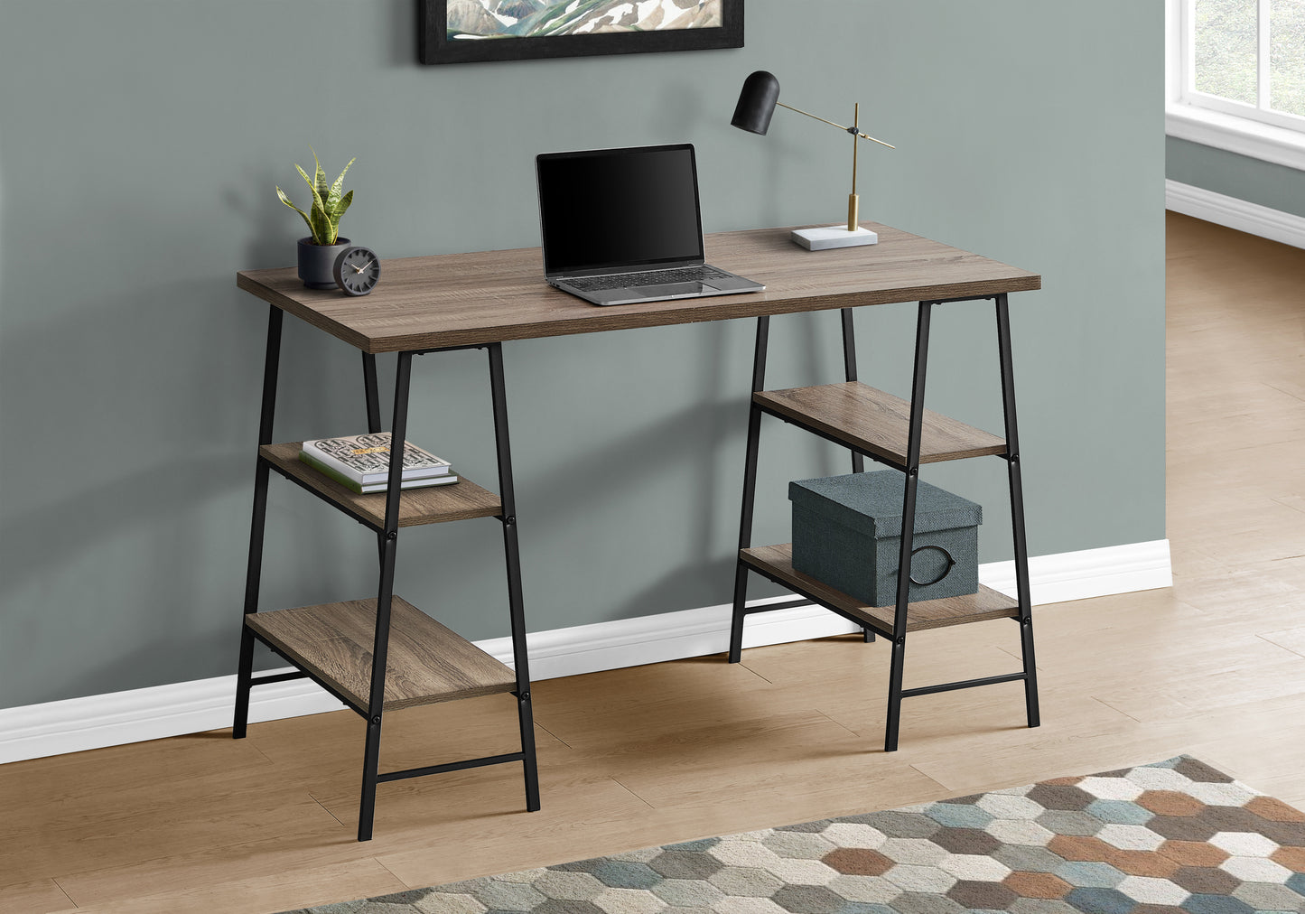 Modern brown wood grain desk with black metal frame and shelves