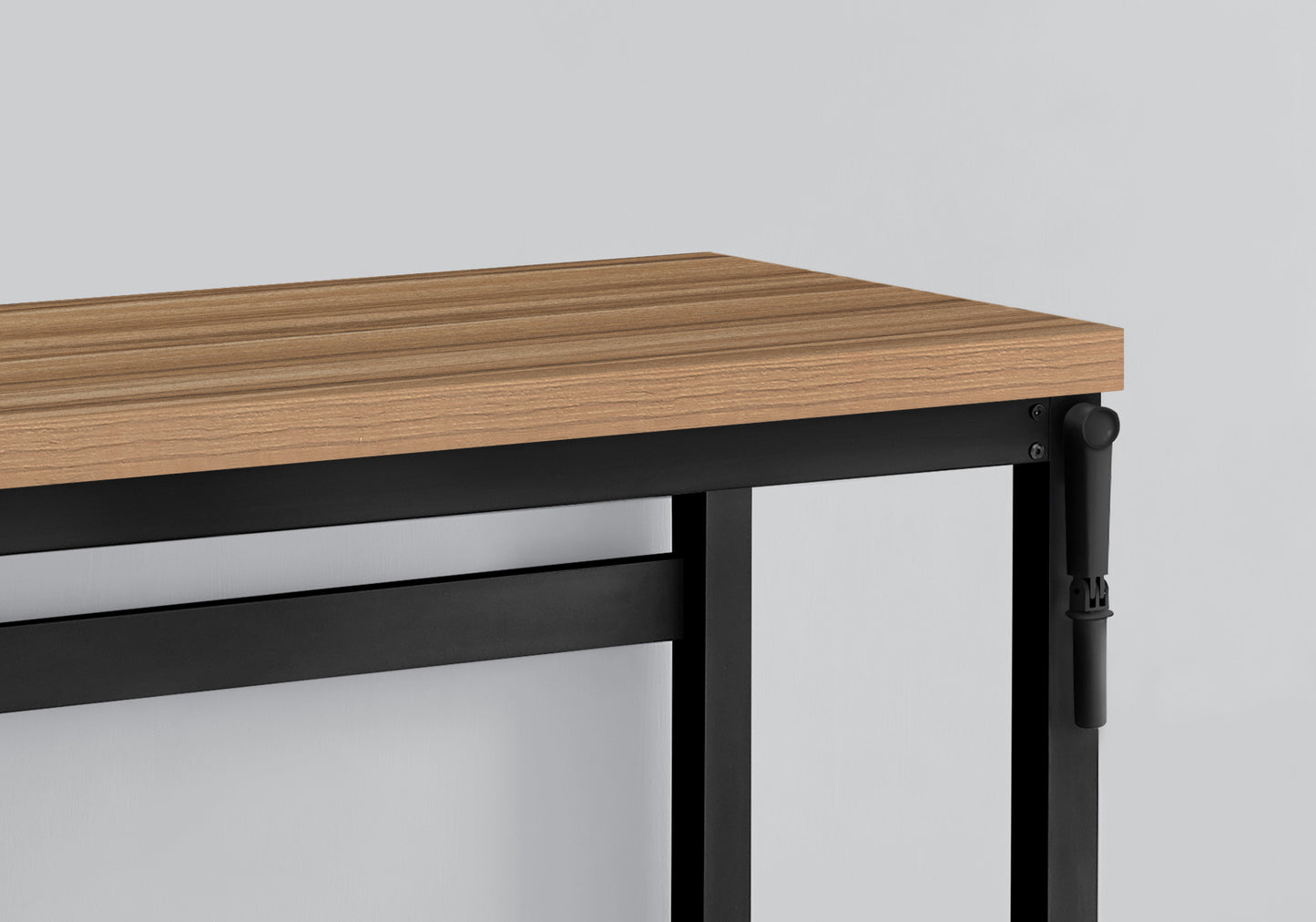 Wood grain laminate desk with black metal frame and adjustable leg detail