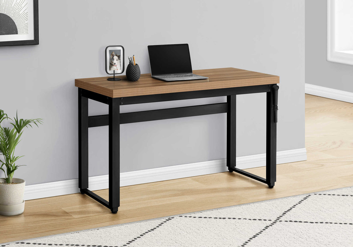 Compact wood desk with black metal frame perfect for small home offices
