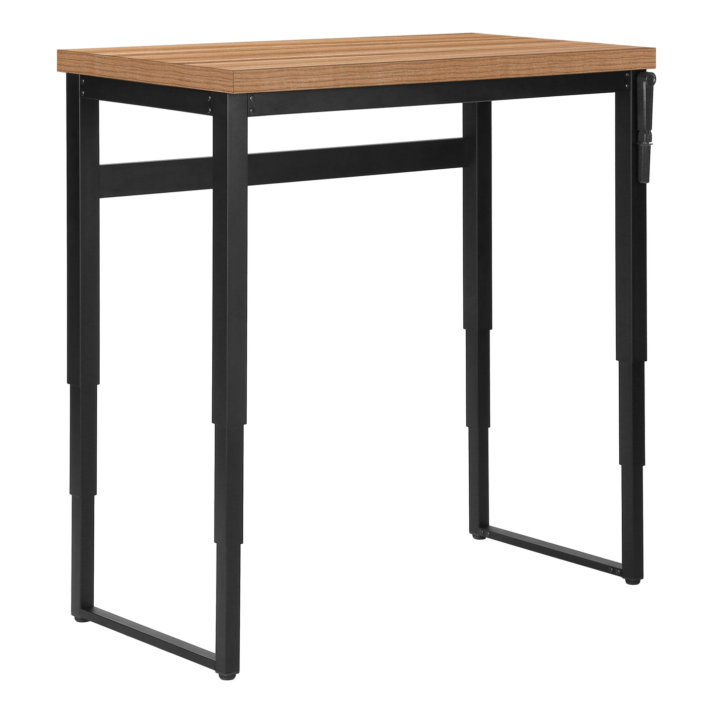 Adjustable height desk with woodgrain top and black metal frame perfect for home office