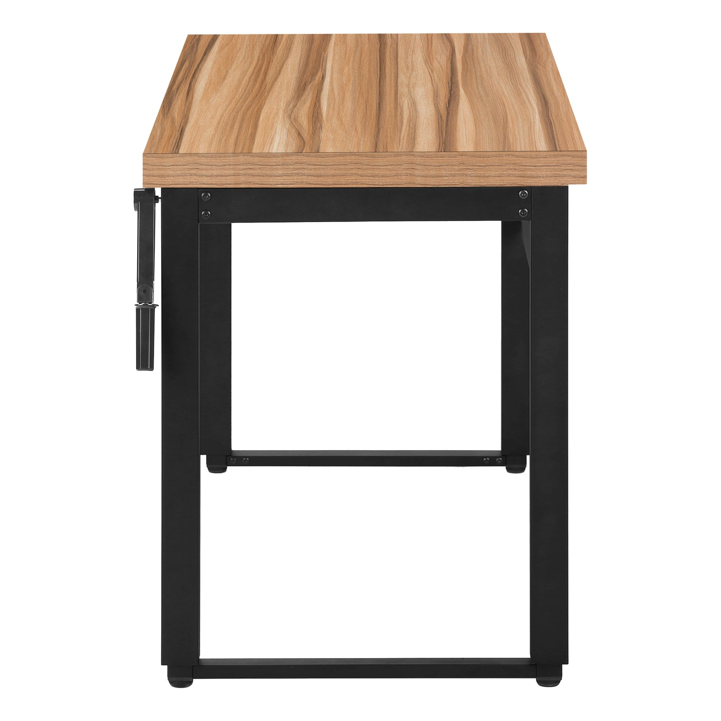 Wooden butcher block workbench with black steel frame and crank mechanism
