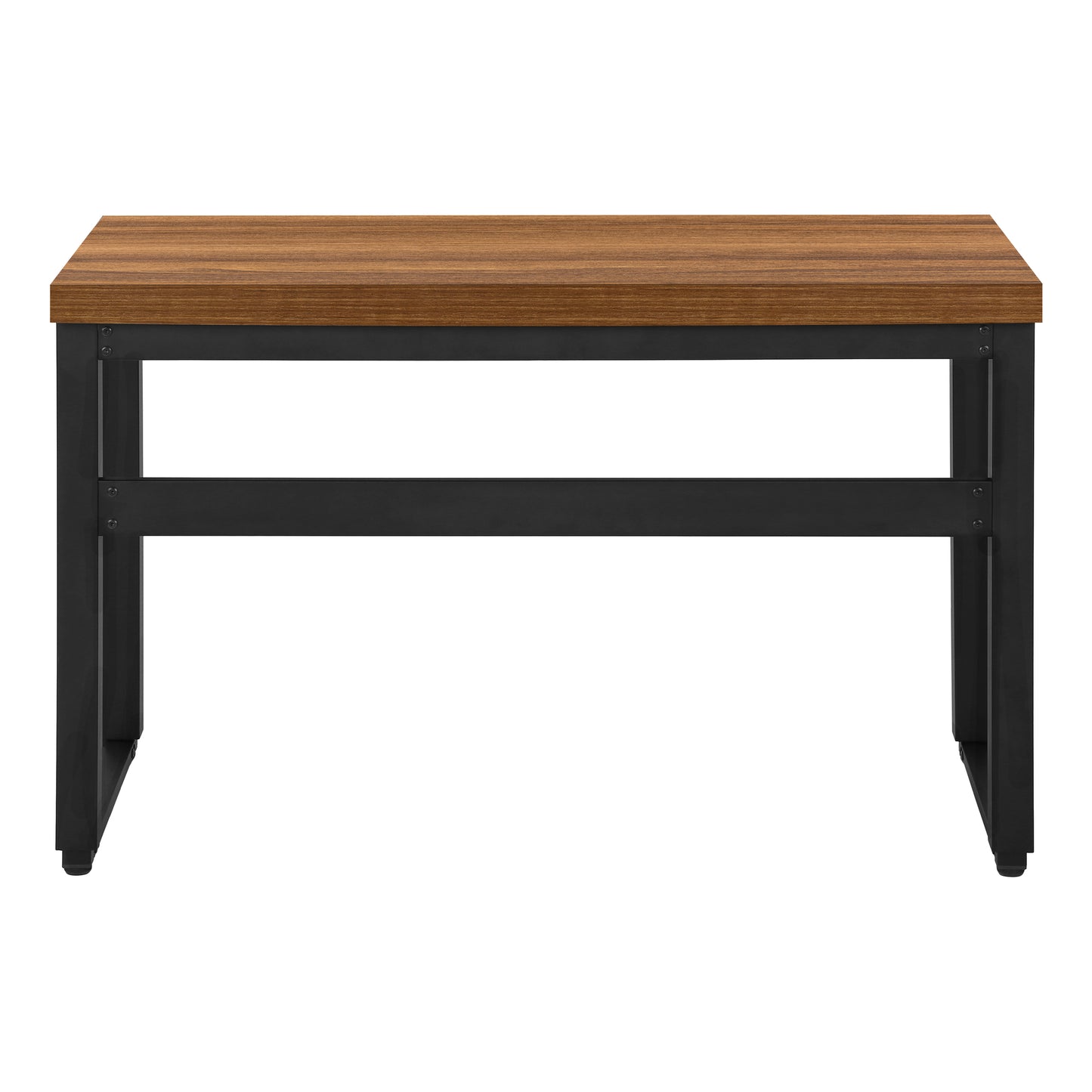 Industrial style desk with rich walnut veneer top and black metal frame