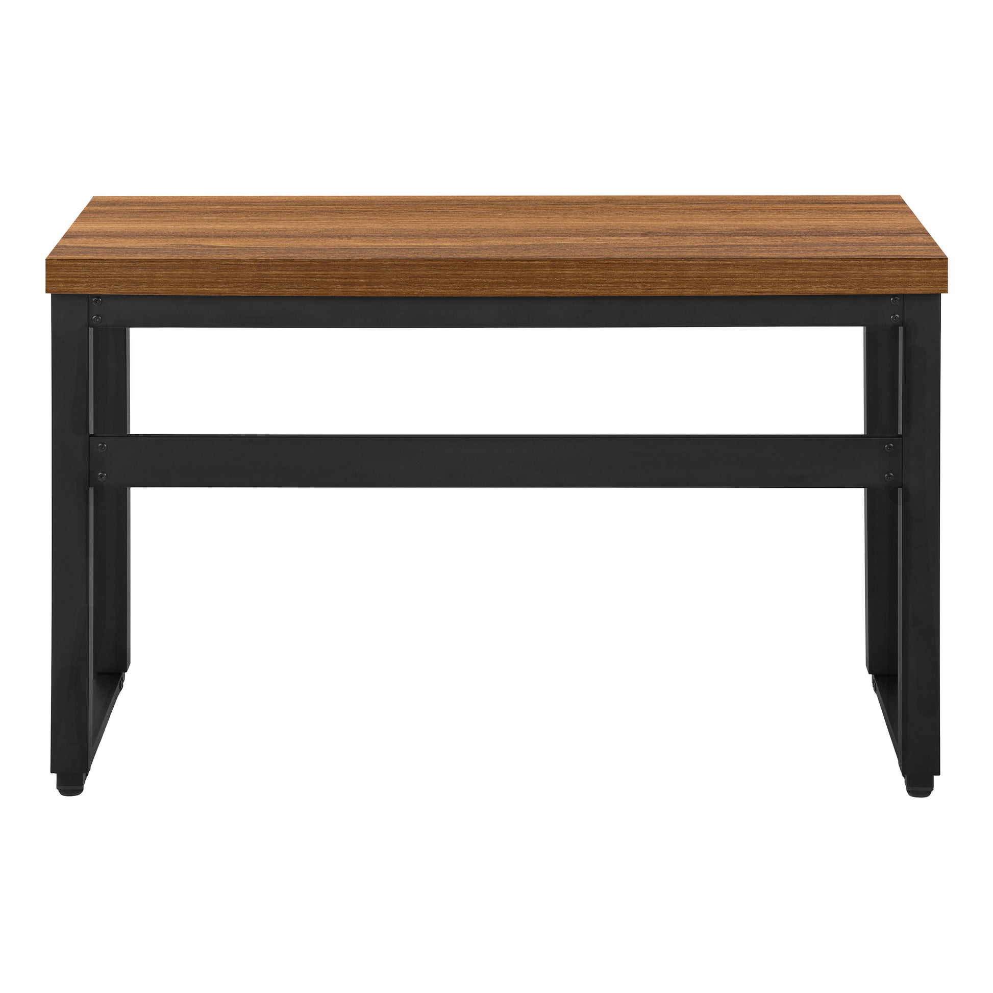 Industrial style desk with rich walnut veneer top and black metal frame