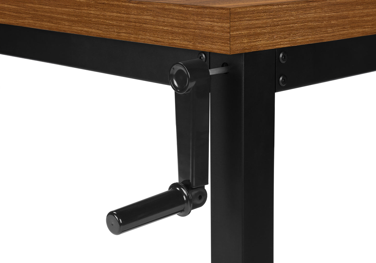 Adjustable height desk with walnut veneer top and black crank mechanism