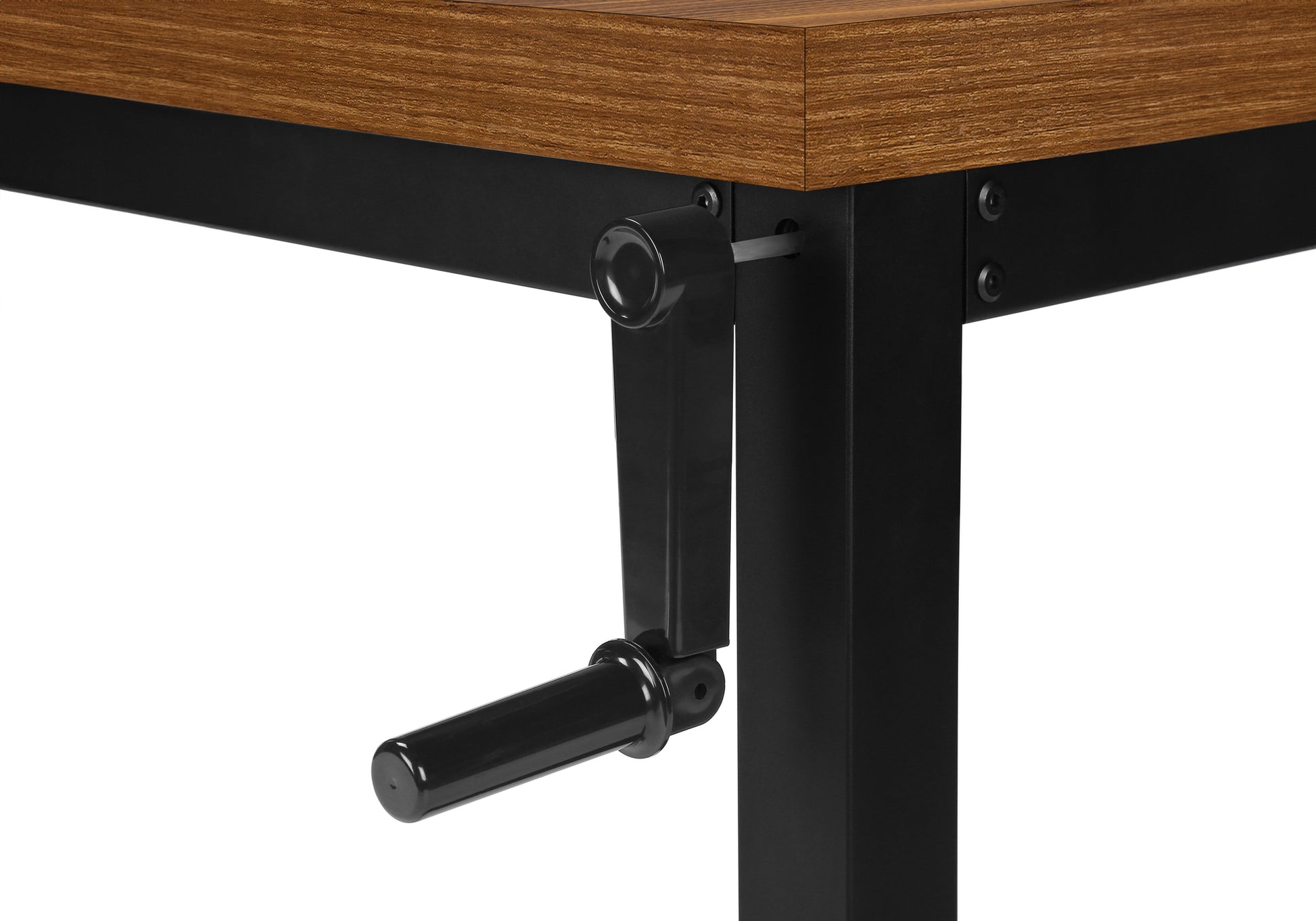 Adjustable height desk with walnut veneer top and black crank mechanism