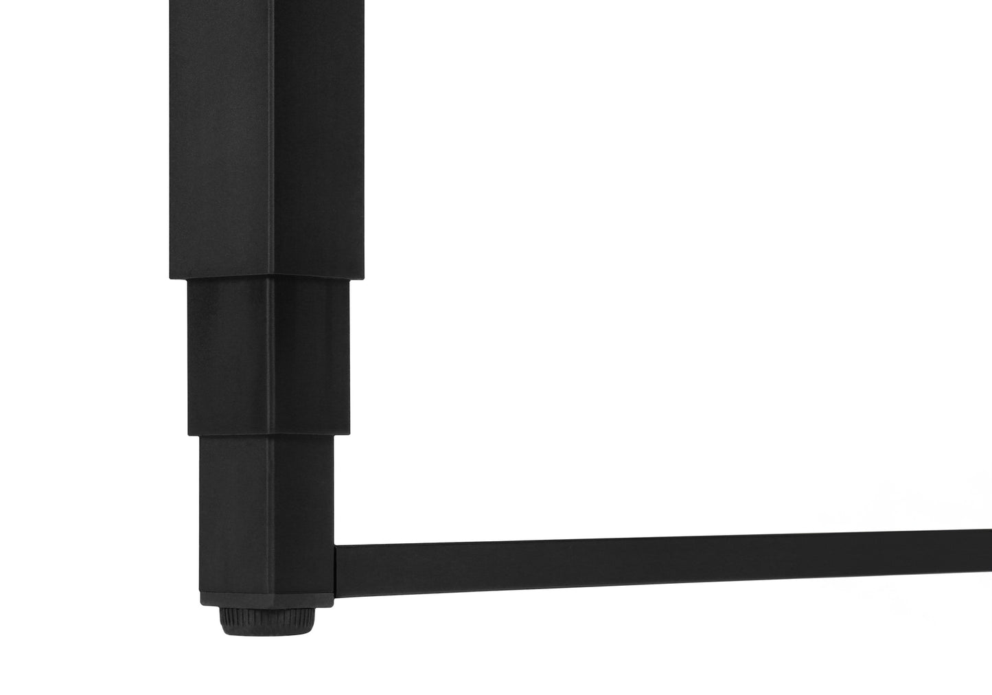 Black metal desk leg with adjustable height feature and leveling foot